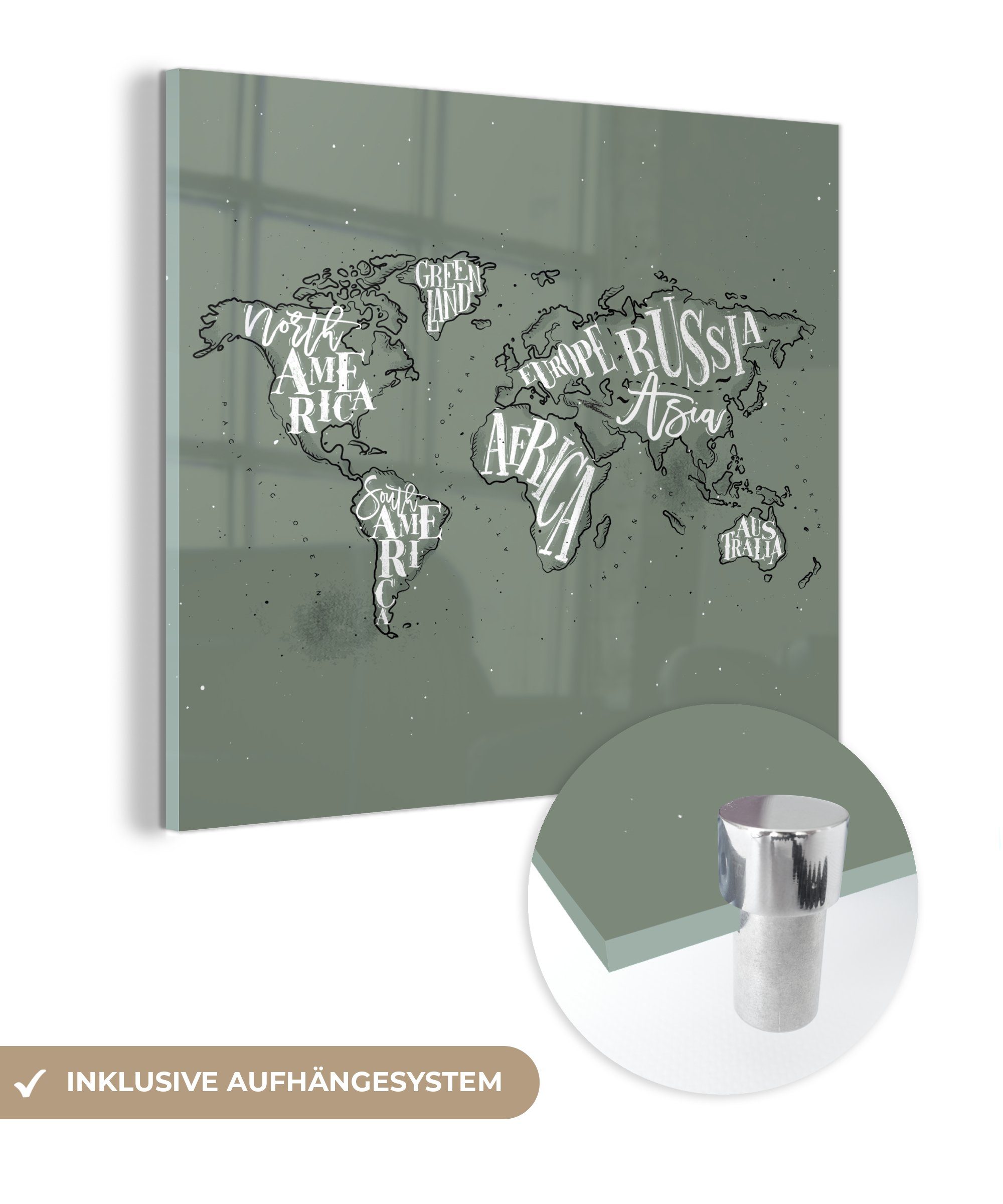Wanddekoration - Foto - Glas auf Weltkarte Buchstaben, Wandbild St), (1 MuchoWow Weiß Bilder Glas - - Glasbilder Acrylglasbild auf - - Grau