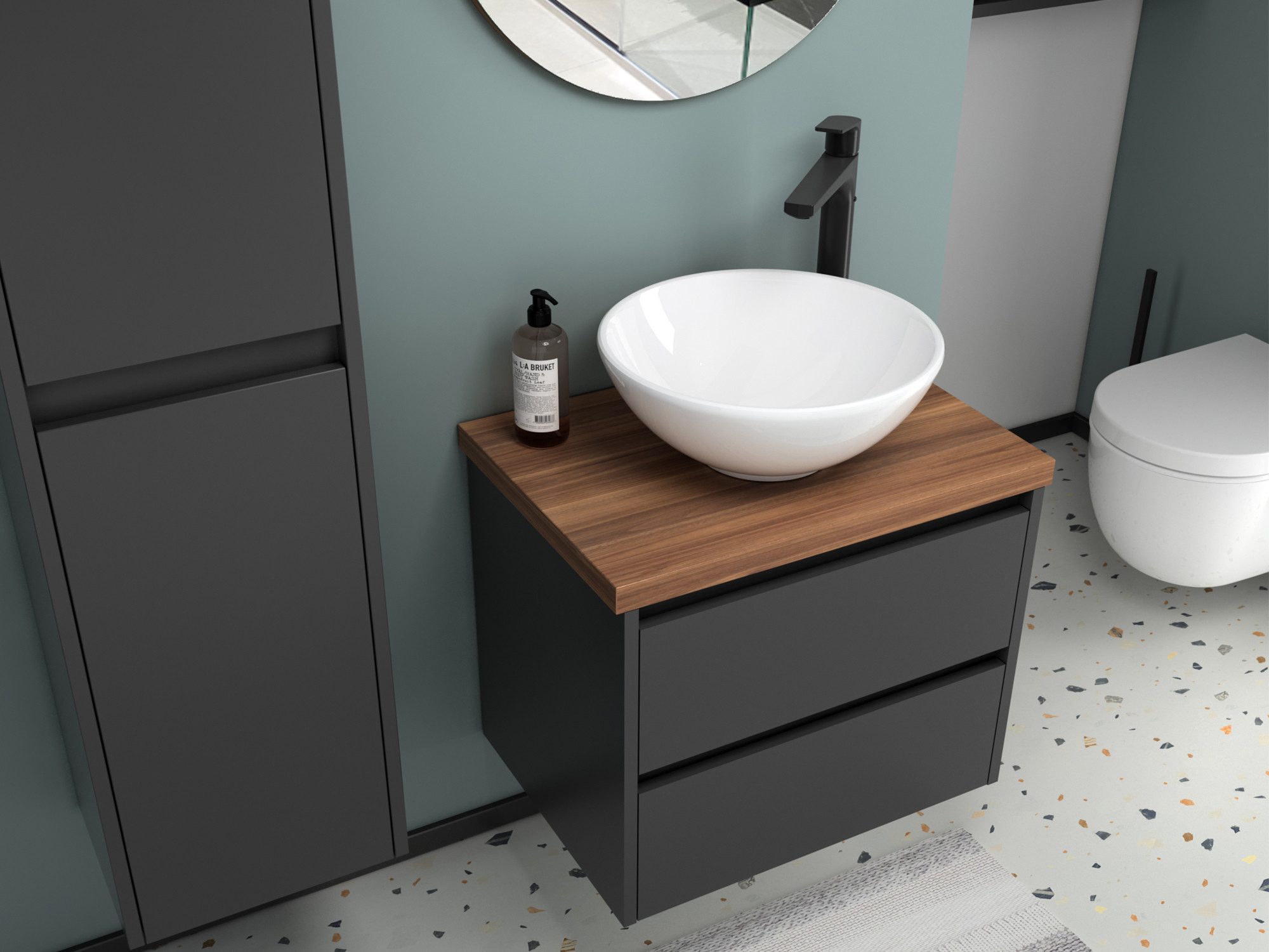 Aqua Bagno Badmöbel-Set Duo Badmöbel 60 cm Anthrazit Matt Lackiert mit Trägerplatte & Keramik, (Badschrank vormontiert, 3-St., Badmöbelschrank mit Trägerplatte, Waschbecken), einfache Montage