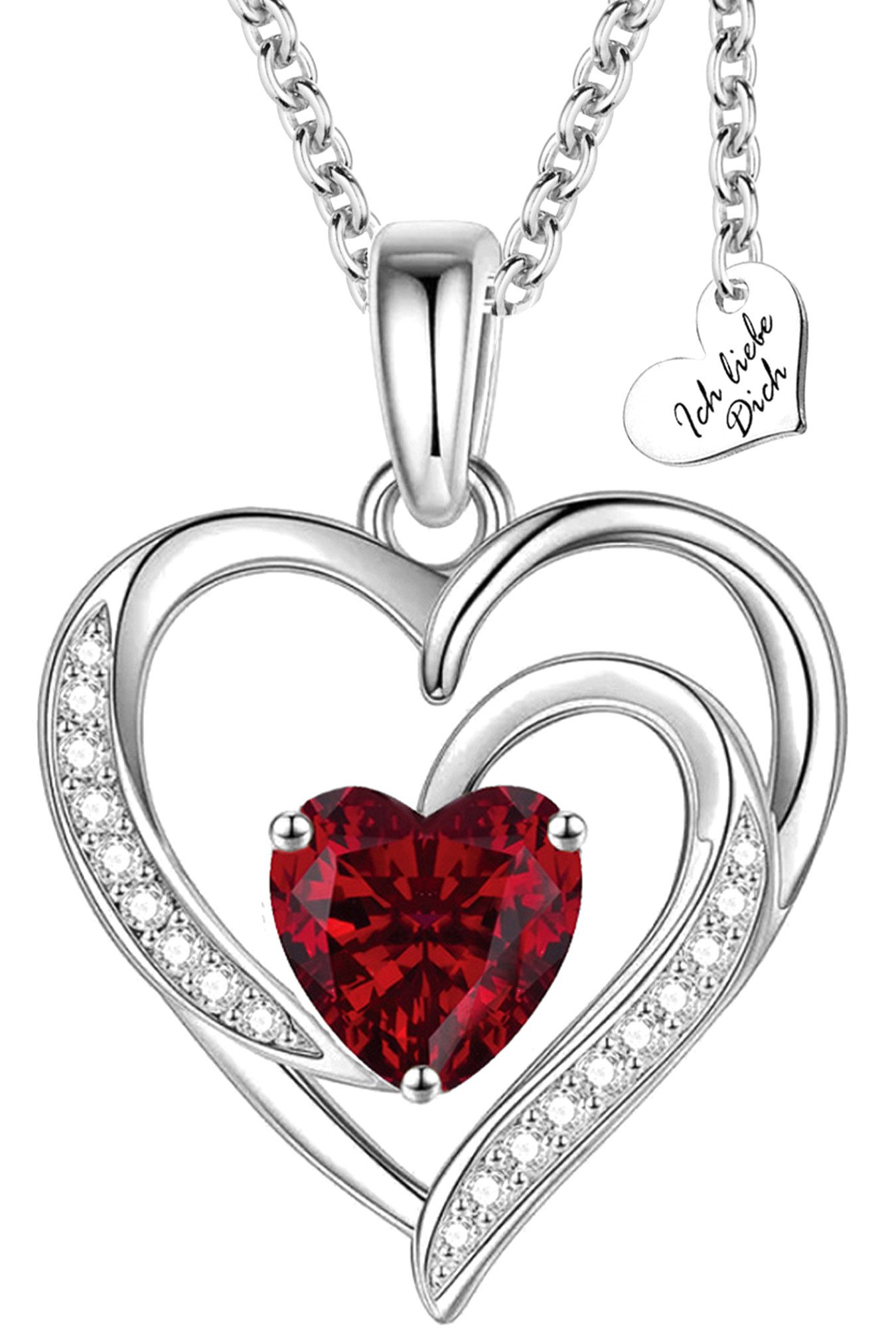 Limana Herzkette Damen Herz Kette mit Anhänger Silber 925 vergoldet Geschenk für Frauen (Schmuck für Freundin mit roten Zirkonia Stein inkl. Dose und Tasche), Jahrestag Geburtstag Hochzeitstag Weihnachten Valentinstag Muttertag