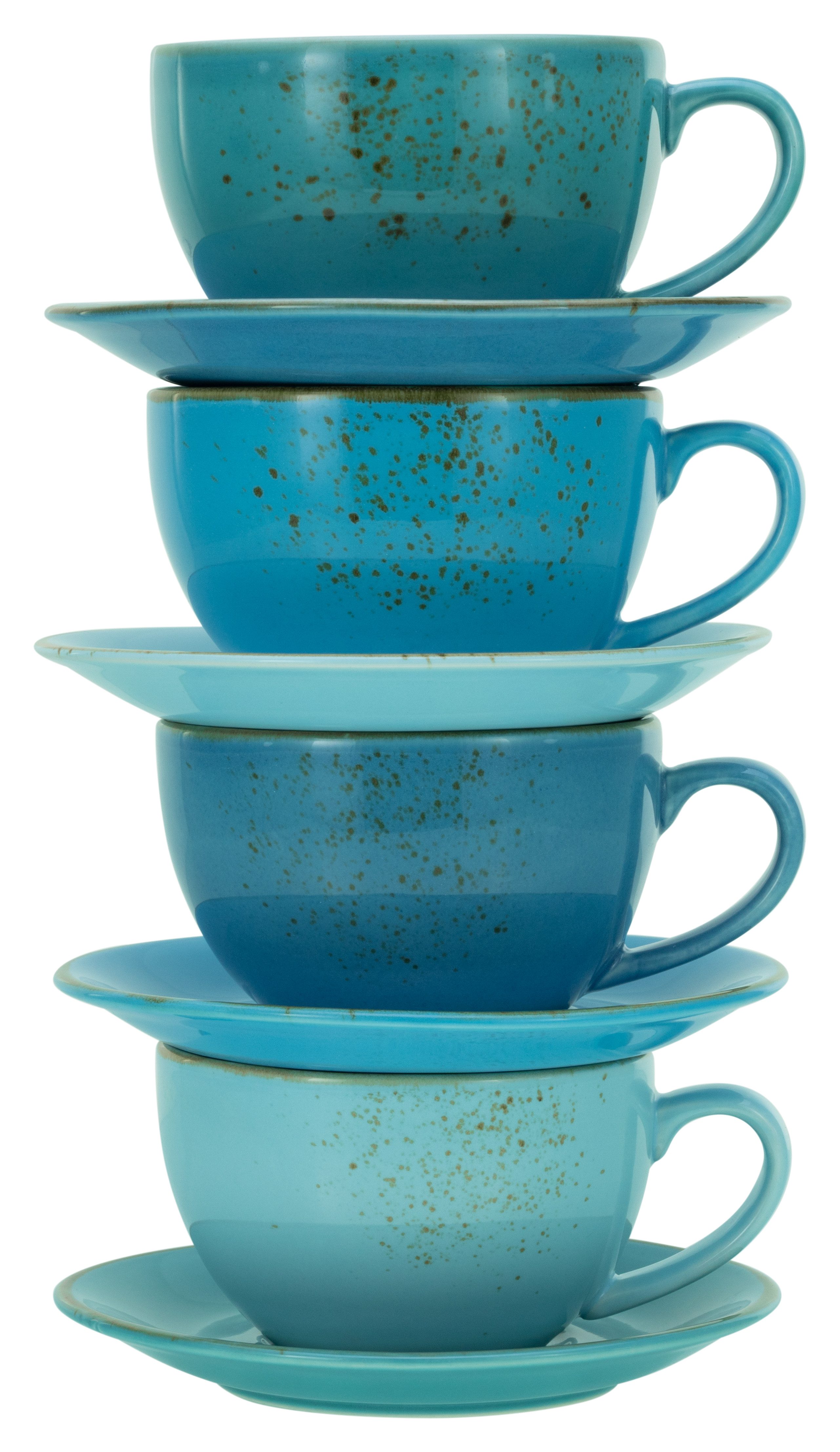 CreaTable Cappuccinotasse Kaffeetasse NATURE COLLECTION Aqua, 8-tlg., Steinzeug, Tassen Set, aktuelle Blautöne mit Sprenkel, 4 Tassen, 4 Untertassen