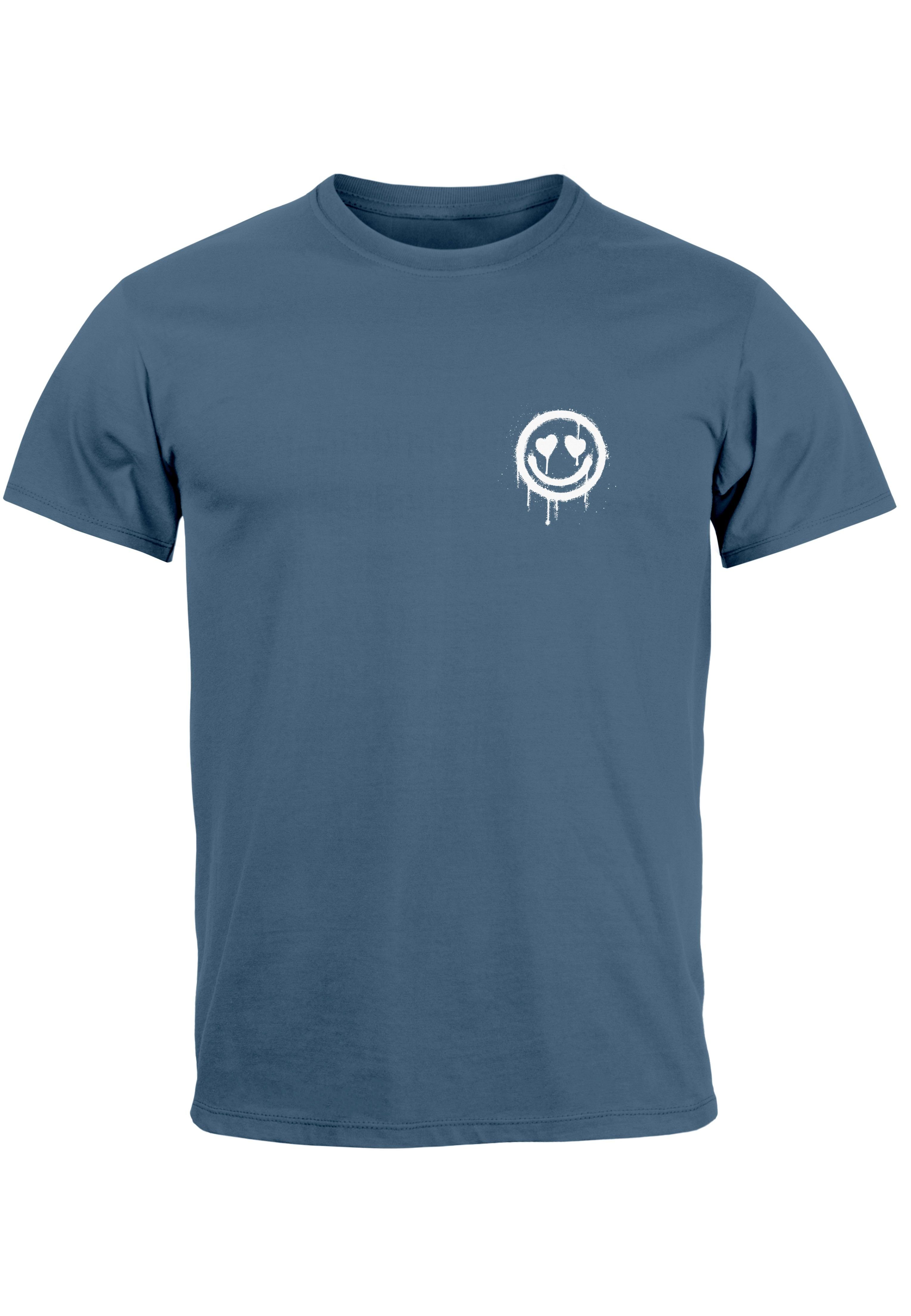 Neverless Print-Shirt Herren T-Shirt Print Aufdruck Motiv Drip Face Drippy Smile Herz-Augen mit Print denim blue