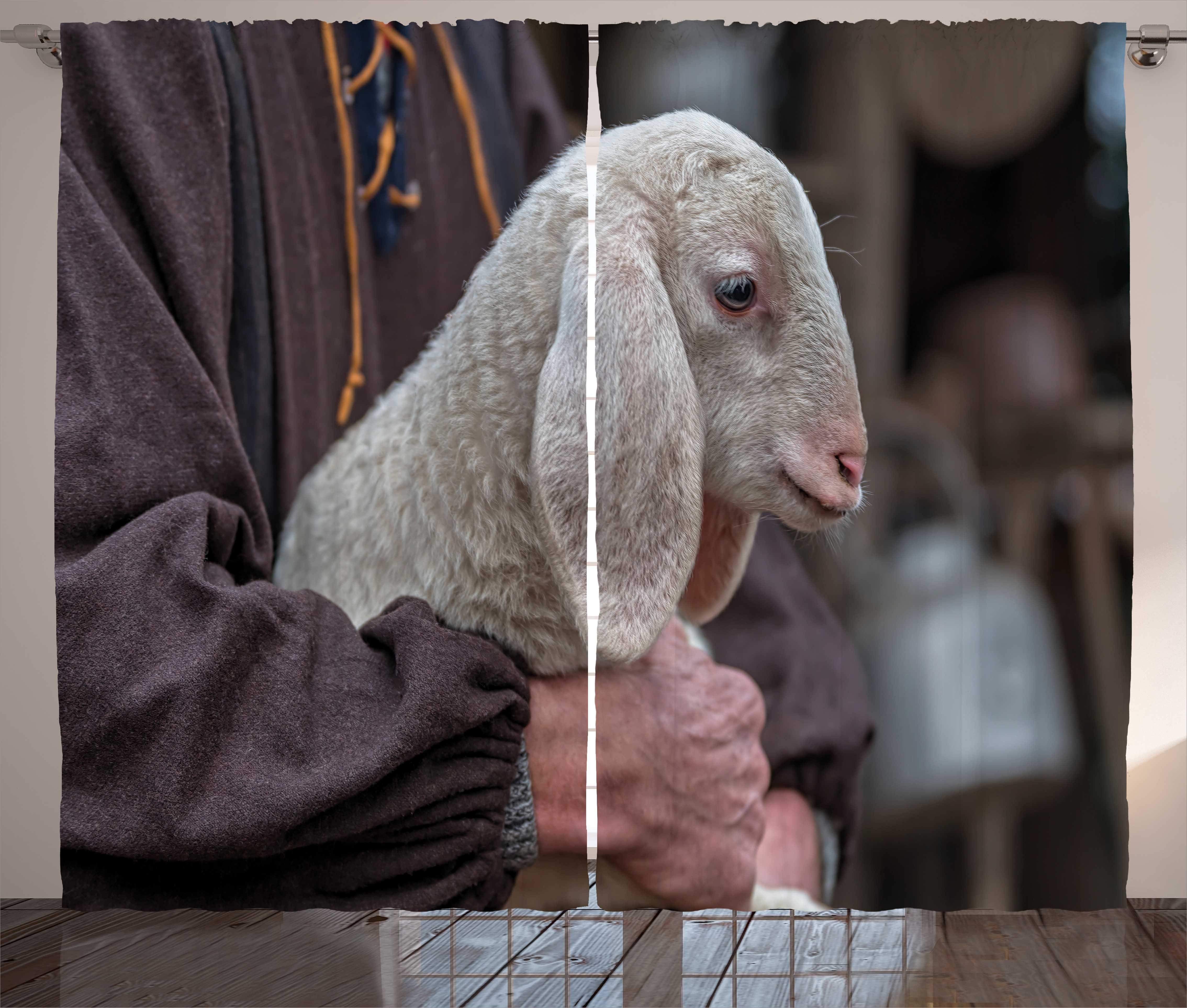 Gardine Schlafzimmer Kräuselband Vorhang mit Schlaufen und Haken, Abakuhaus, Bauernhoftier Baby Lamb Old Man