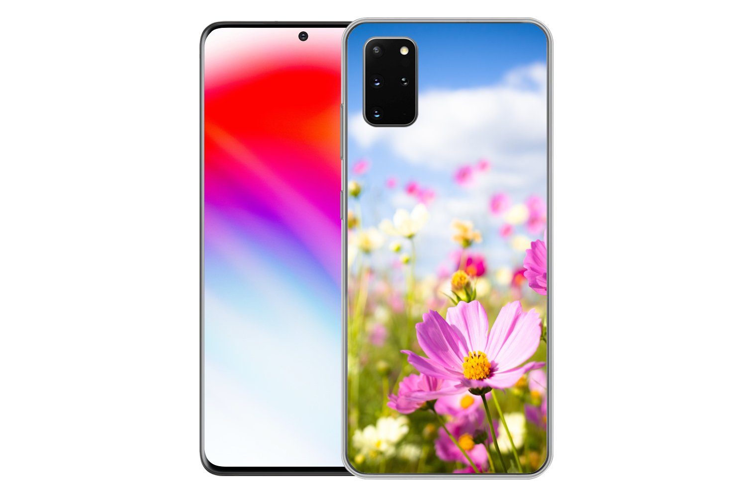 MuchoWow Handyhülle für Samsung Galaxy S20 Plus Blumen - Wiese - Lila - Gras - Weiß - Wolk, Phone Case, Silikon, Schutzhülle Dünn