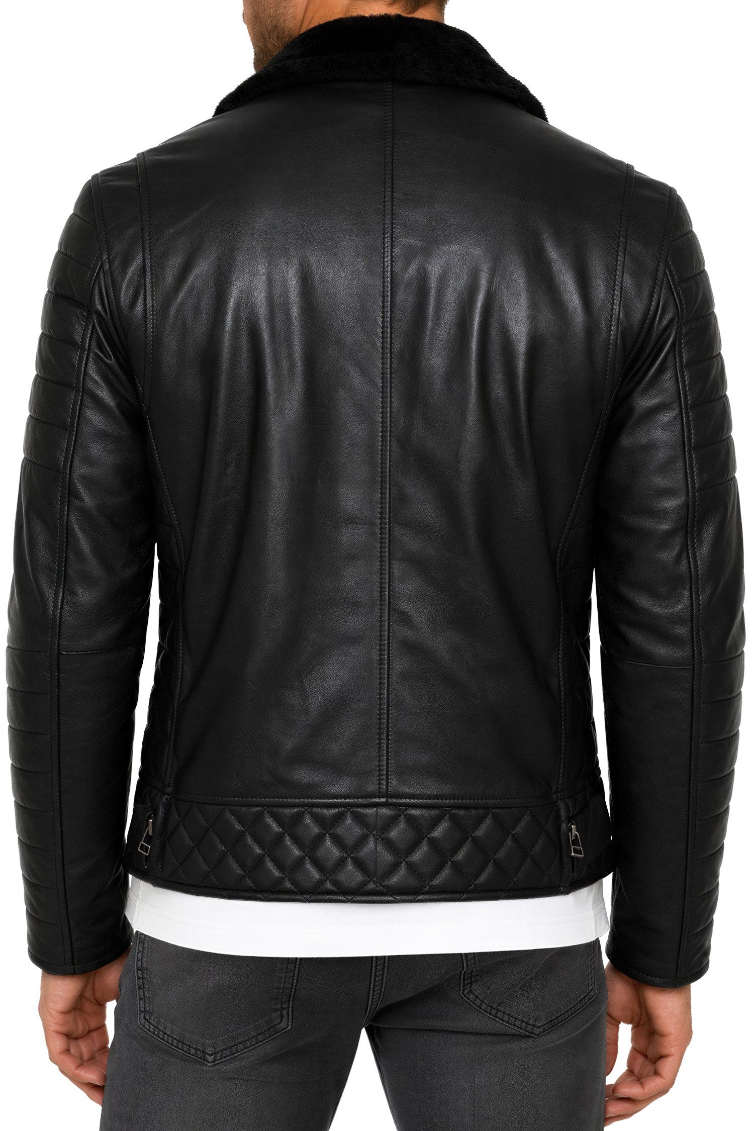 Reichstadt Lederjacke Herren Slim Fit Bikerjacke Black Zipper RS008LUX gefüttert mit Steppmustern – Bild 2 von 5