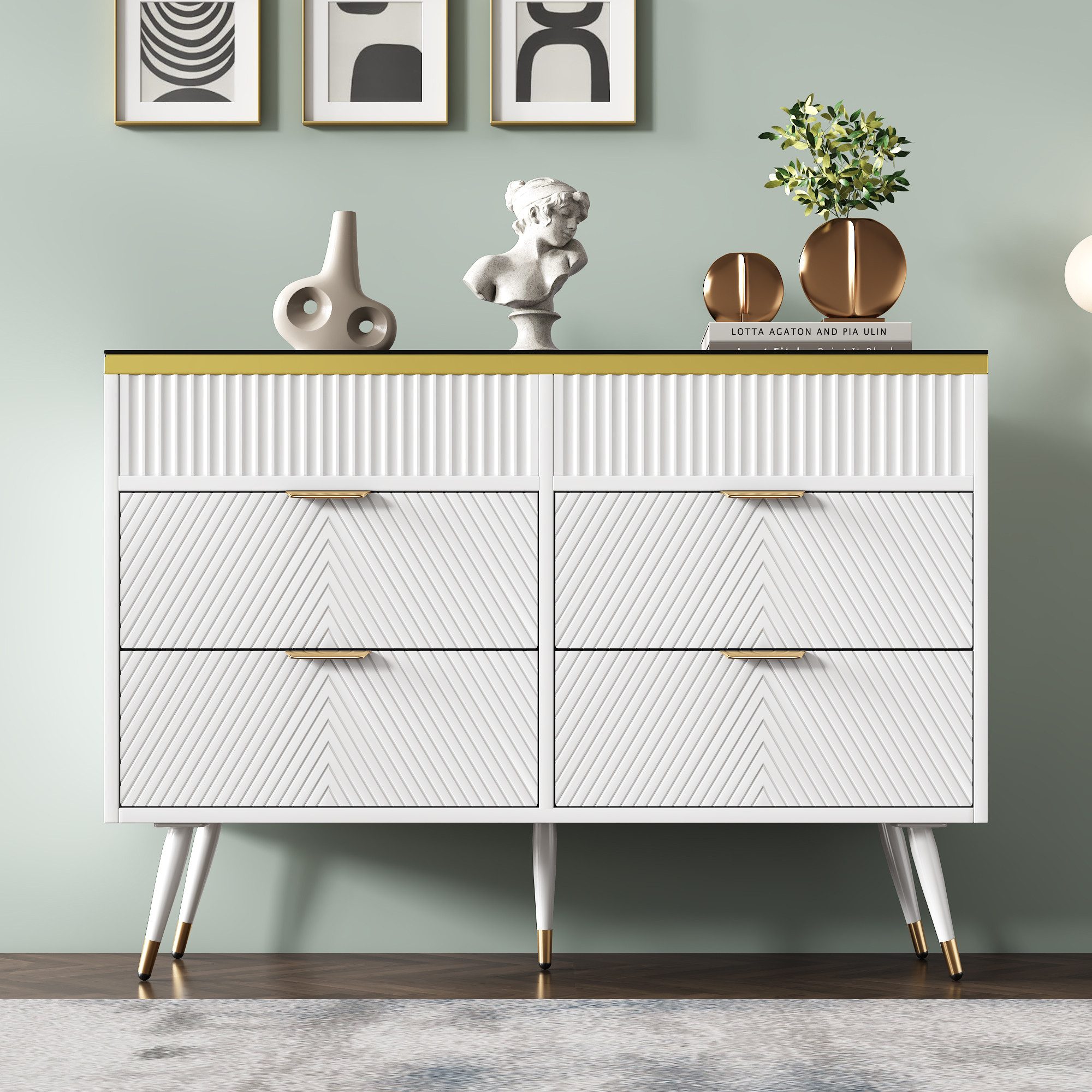Odikalo Eckkommode Kommode Hochschrank Bernstein Glas Schubladen Schlafzimmer120x40x76cm