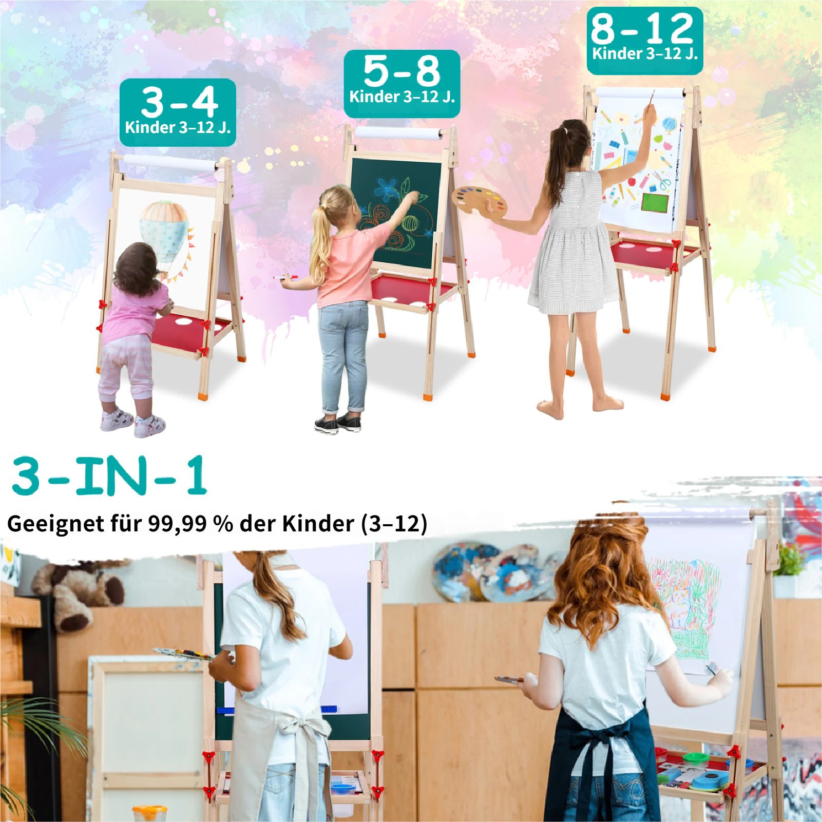 Rutaqian Kinderstaffelei Hölzerne Kinder Staffelei mit Papierrolle,trocken abwischbares Brett, höhenverstellbare 80 cm bis 110 cm magnetische doppelseitige Staffelei