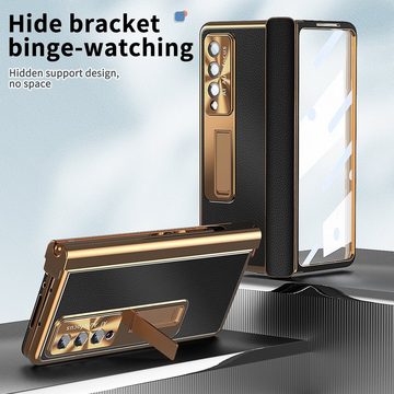 Wigento Handyhülle Für Samsung Galaxy Z Fold4 5G Magnetische Kunststoff / Glas Handy Tasche Hülle Etuis Schwarz / Gold + Stift