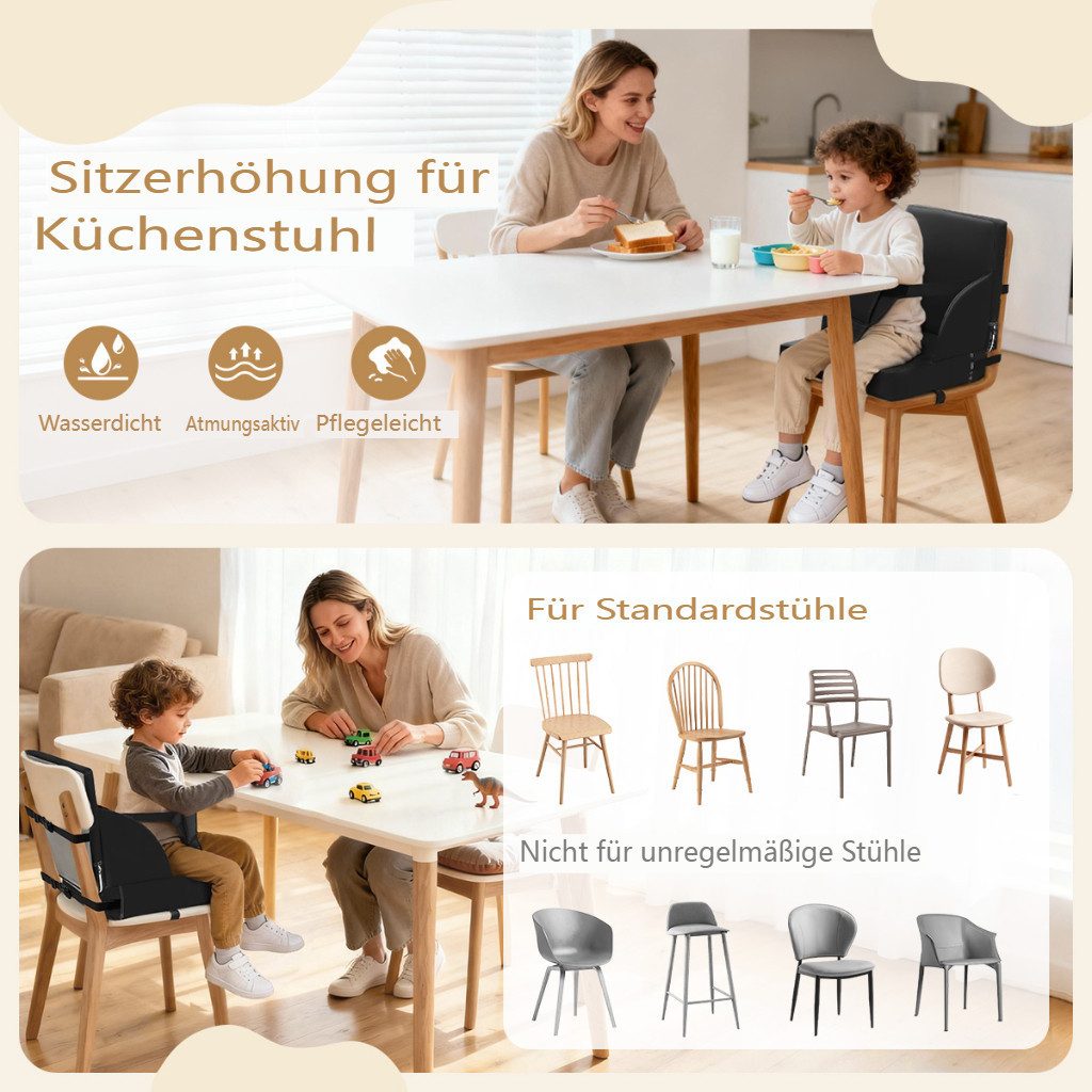 Insma Sitzkissen Kindersitzerhöhung Stuhlkissen Kunstleder 3-Punkt verstellbaren Gurten, wasserdicht, rutschfest, 34,5 × 34,5 × 9cm – Bild 3 von 5