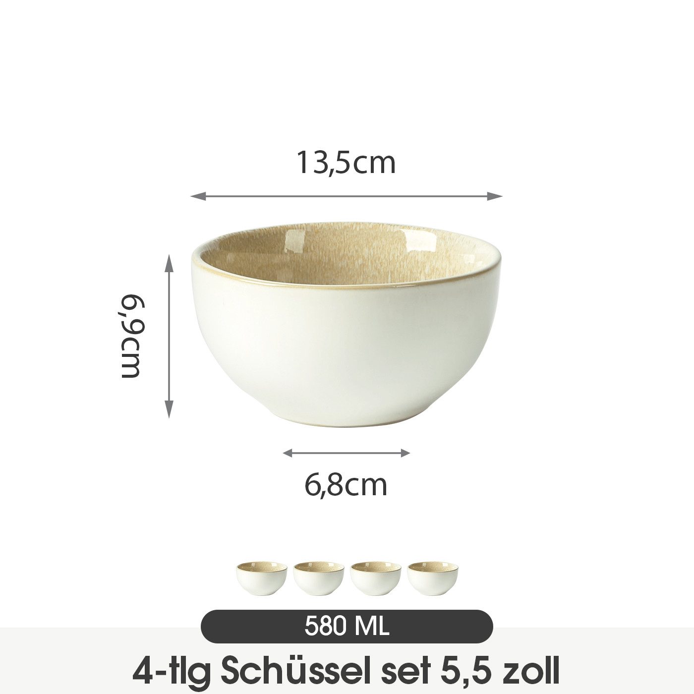 JIWOO Salatschüssel 4er Ø13.5cm, Müslischüssel Suppenschüssel Dessertschale Obstschale, Keramik, (Schüsselset, 4-tlg), Hochwertiges Schüsseln Braun Mikrowellen und spülmaschinenfest Ø13,5cm