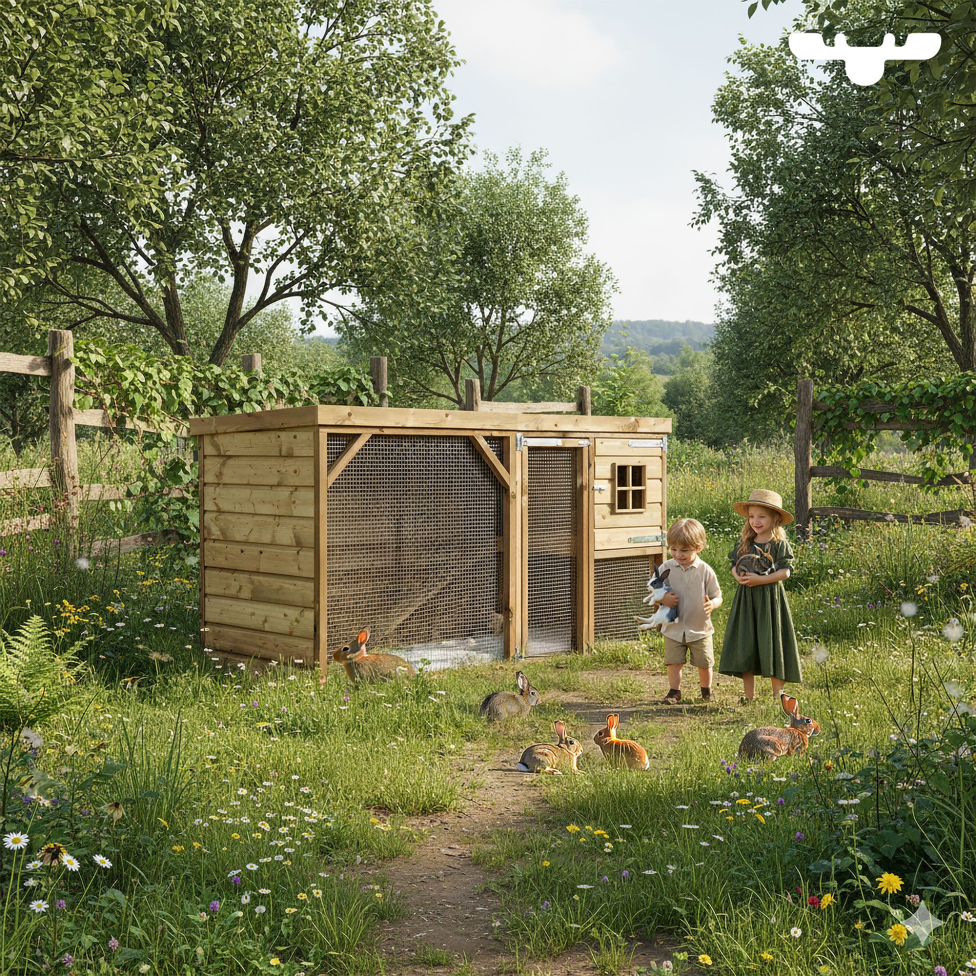 FATMOOSE Freigehege BunnyBase Bliss aus Massivholz, wetterfester Premium Hasenstall, mit Auslauf, raubtiersicher für Kaninchen & Meerschweinchen