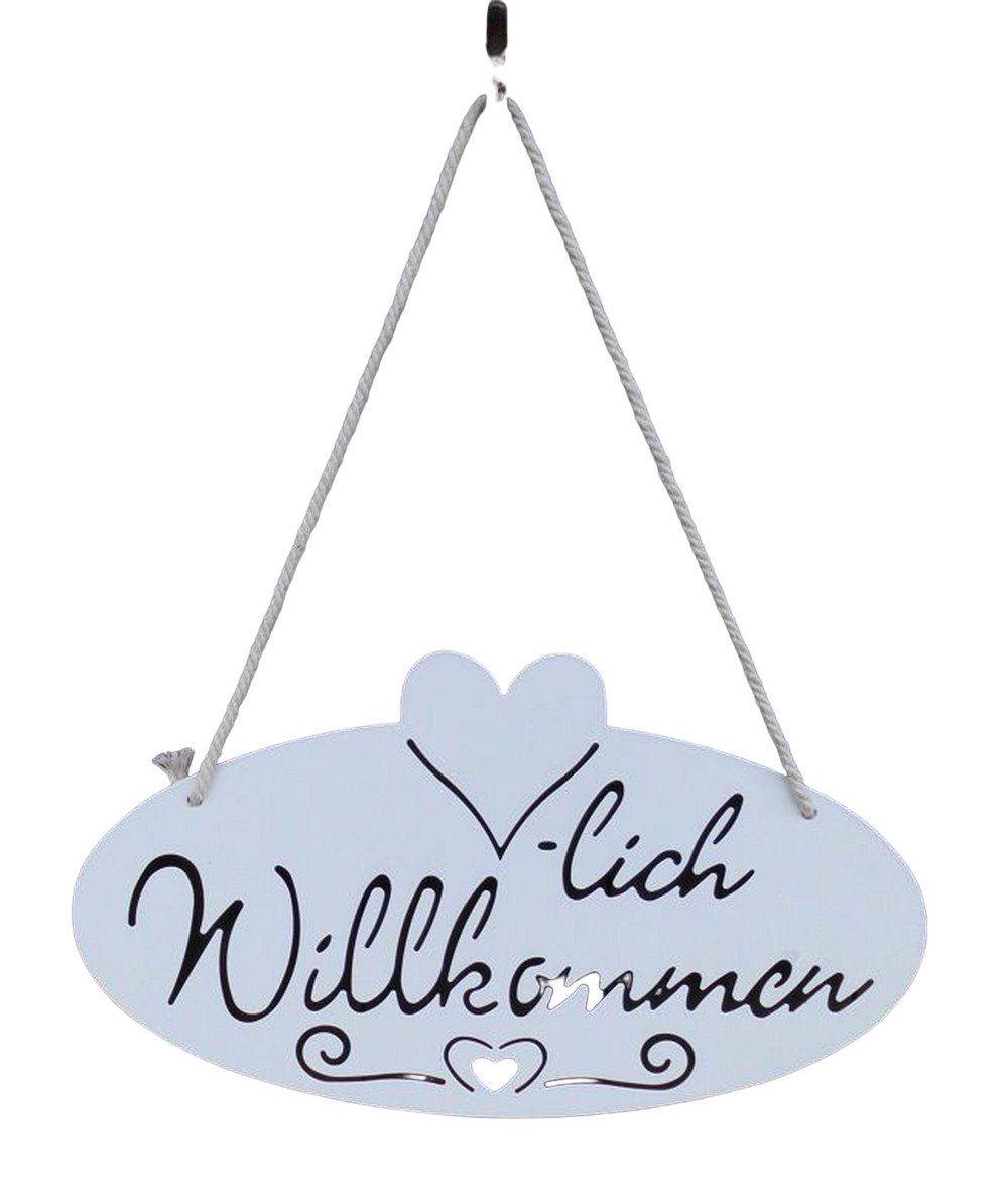 Hängedekoration Dekoratives Eisenschild Herzlich Willkommen 28 cm weiss lackiert