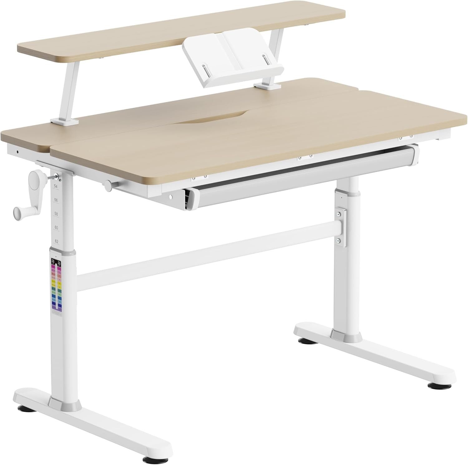 HOKO Kinderschreibtisch Ergo Jugend Schreibtisch höhenverstellbar 54-76 cm, 100x60 cm (ergonomischer Computertisch mit neigbarer Tischplatte (0-50) & Schublade, stabil & belastbar bis 100 kg, Weiß, Holzfarben)