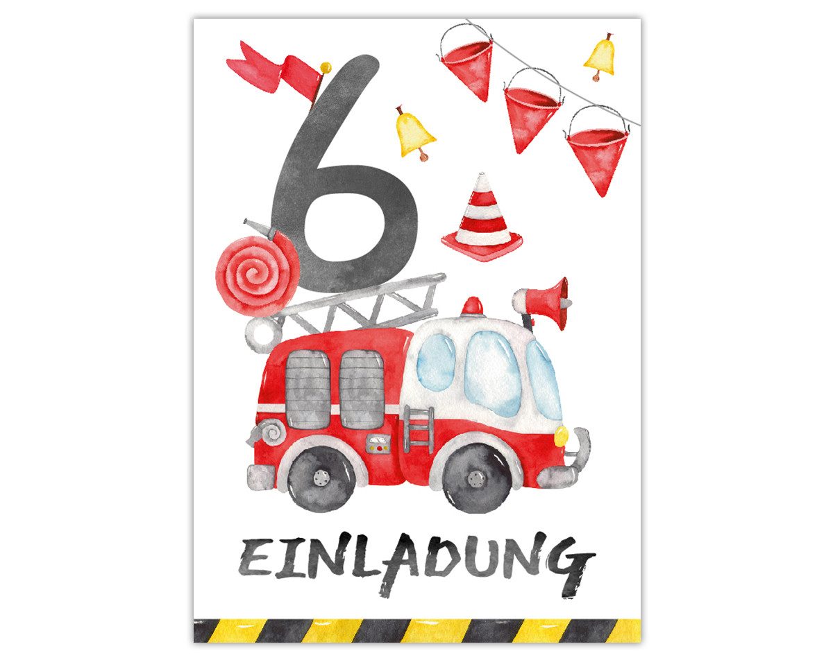JUNAPACK Einladungskarten Feuerwehr Einladungen zum 6. Kindergeburtstag Feuerwehrmann Karten, Einladungskarten Feuerwehr Motiv für Kinder zum sechsten Geburtstag