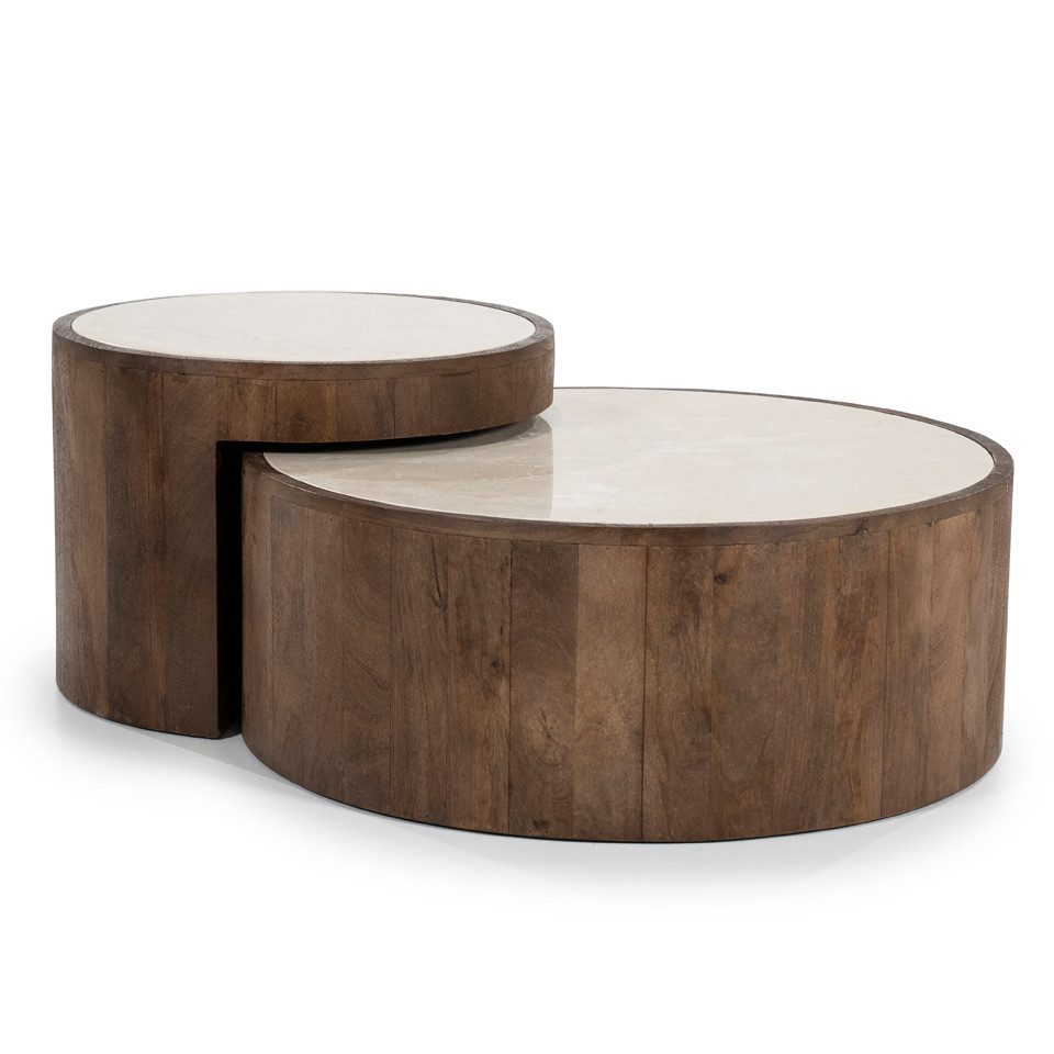 Maison ESTO Couchtisch Florenz 2´er Set rund aus Mangholz und Marmor (2er Set), Tischplatte aus Marmor