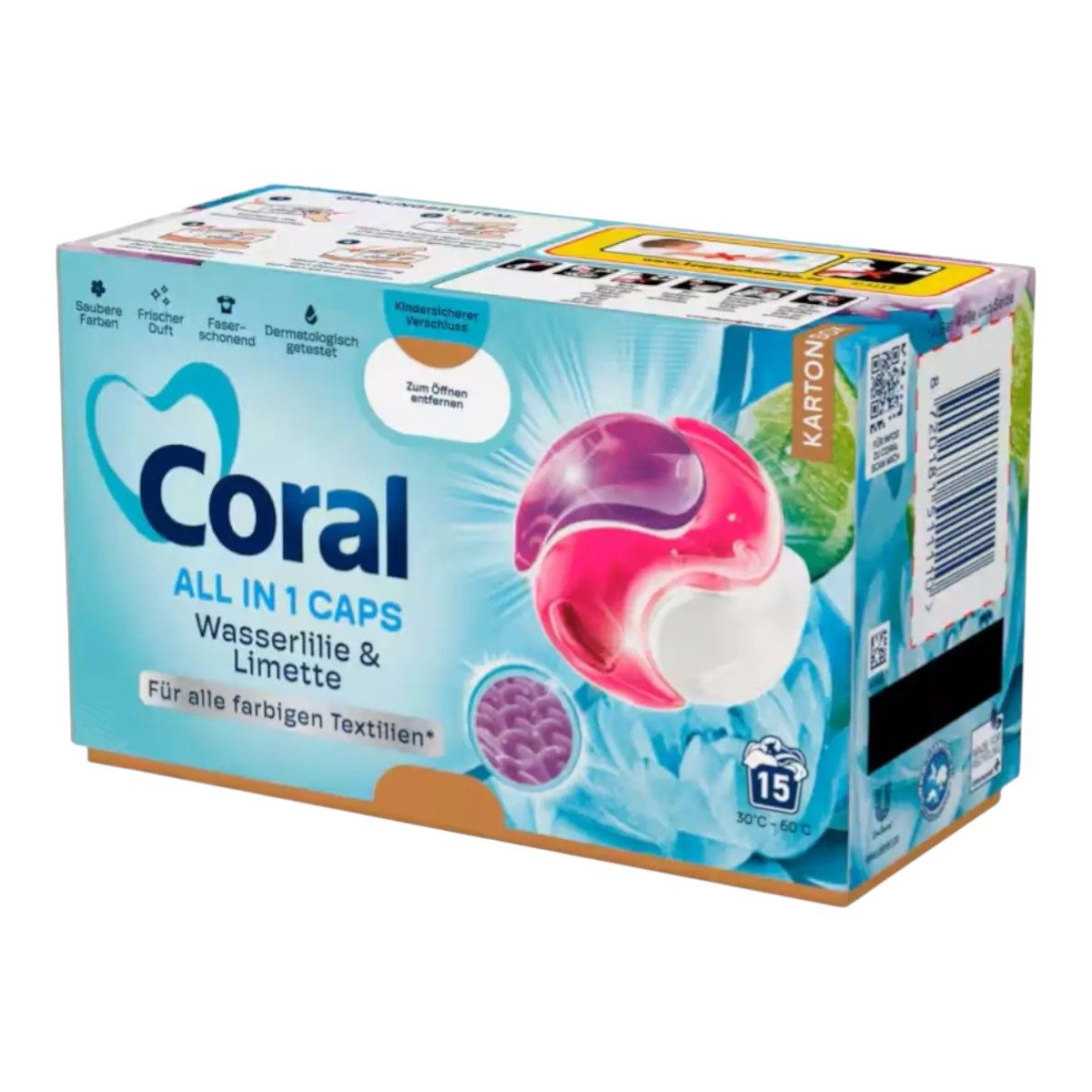 Coral CORAL Waschmittel All in1 Caps Wasserlilie & Limette 15WL Colorwaschmittel (Langanhaltende Frische auf Textilien)