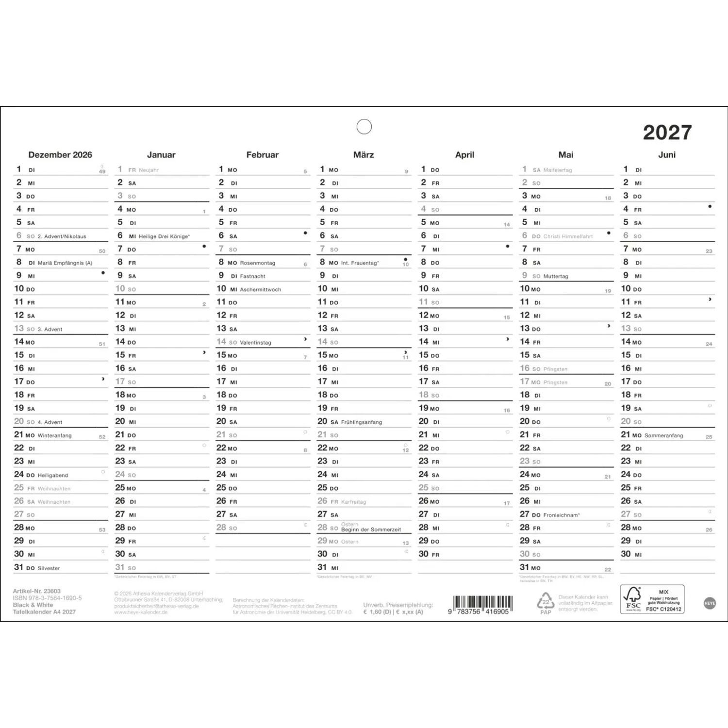 HEYE Wandkalender Black&White Tafelkalender A4 2027