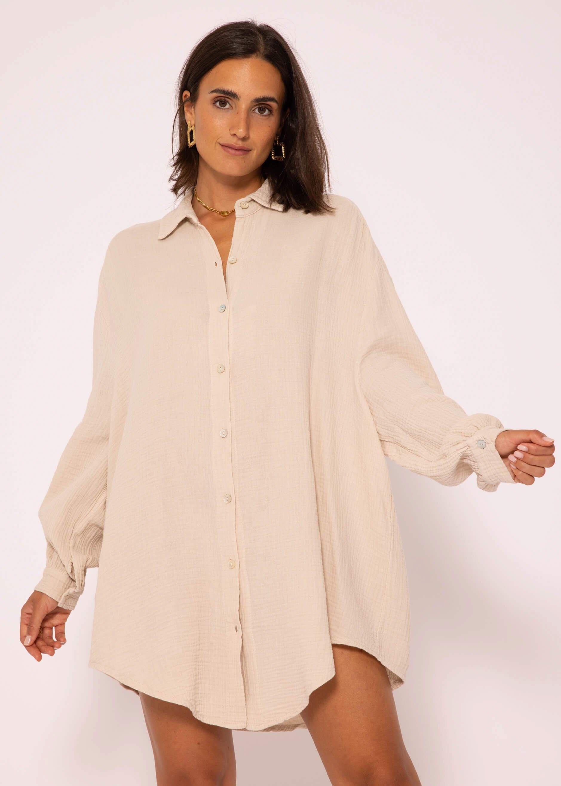 Oversize Size One Damen lang V-Ausschnitt, Bluse 36-48) aus Baumwolle Langarm (Gr. Hemdbluse Longbluse mit Musselin SASSYCLASSY