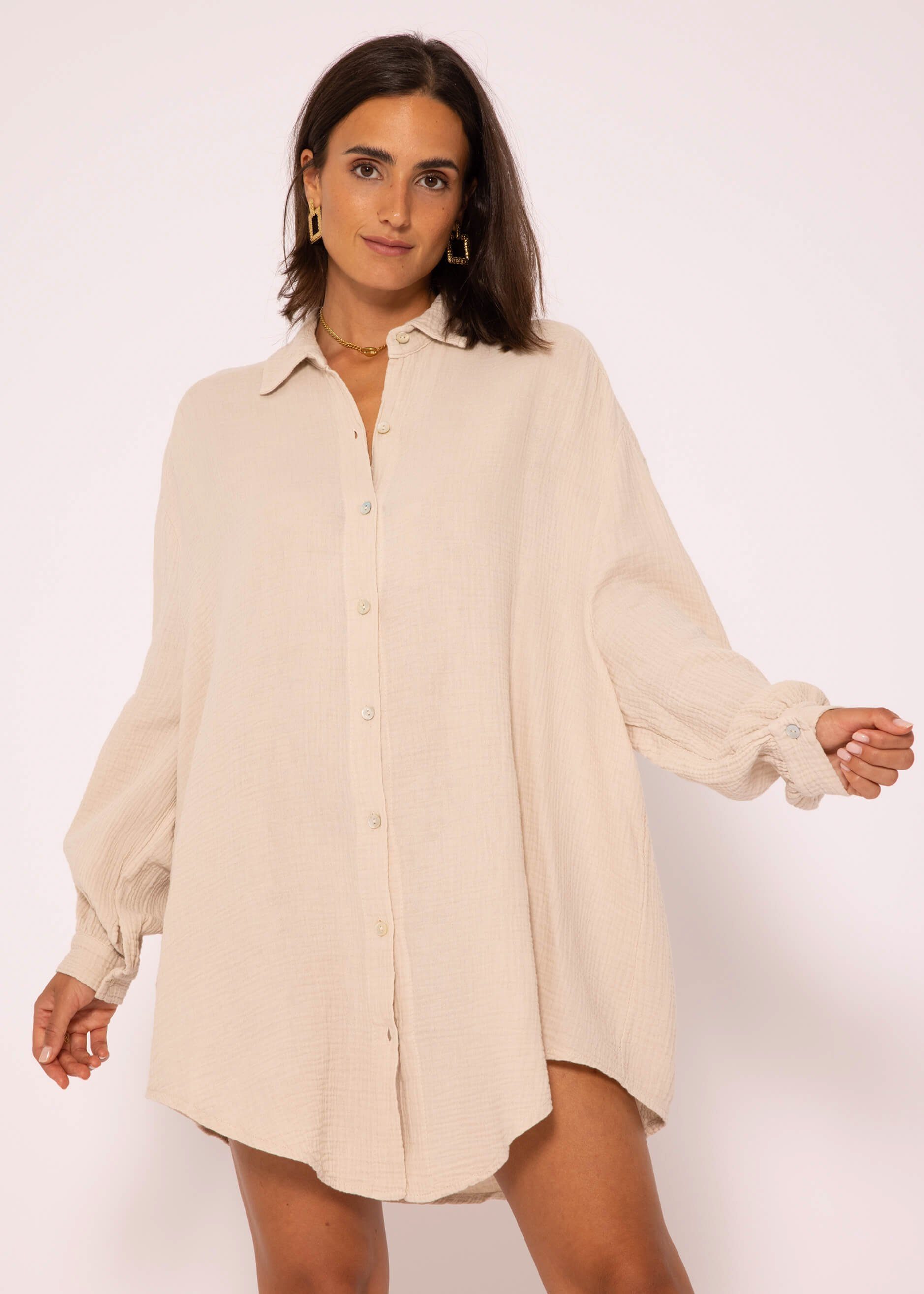 Longbluse Oversize Musselin Bluse Damen Langarm
