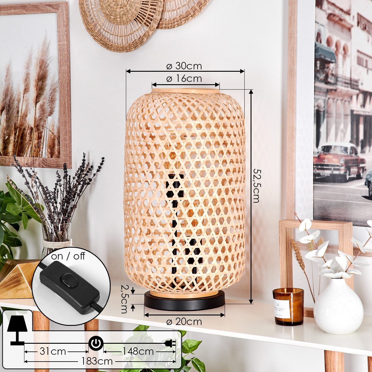 hofstein Tischleuchte moderne Boho Tischlampe aus Metall/Bambus in Schwarz/Natur, ohne Leuchtmittel, Schirm in Gitter-Optik, An-/Ausschalter, 2 x E27, ohne Leuc – Bild 4 von 5