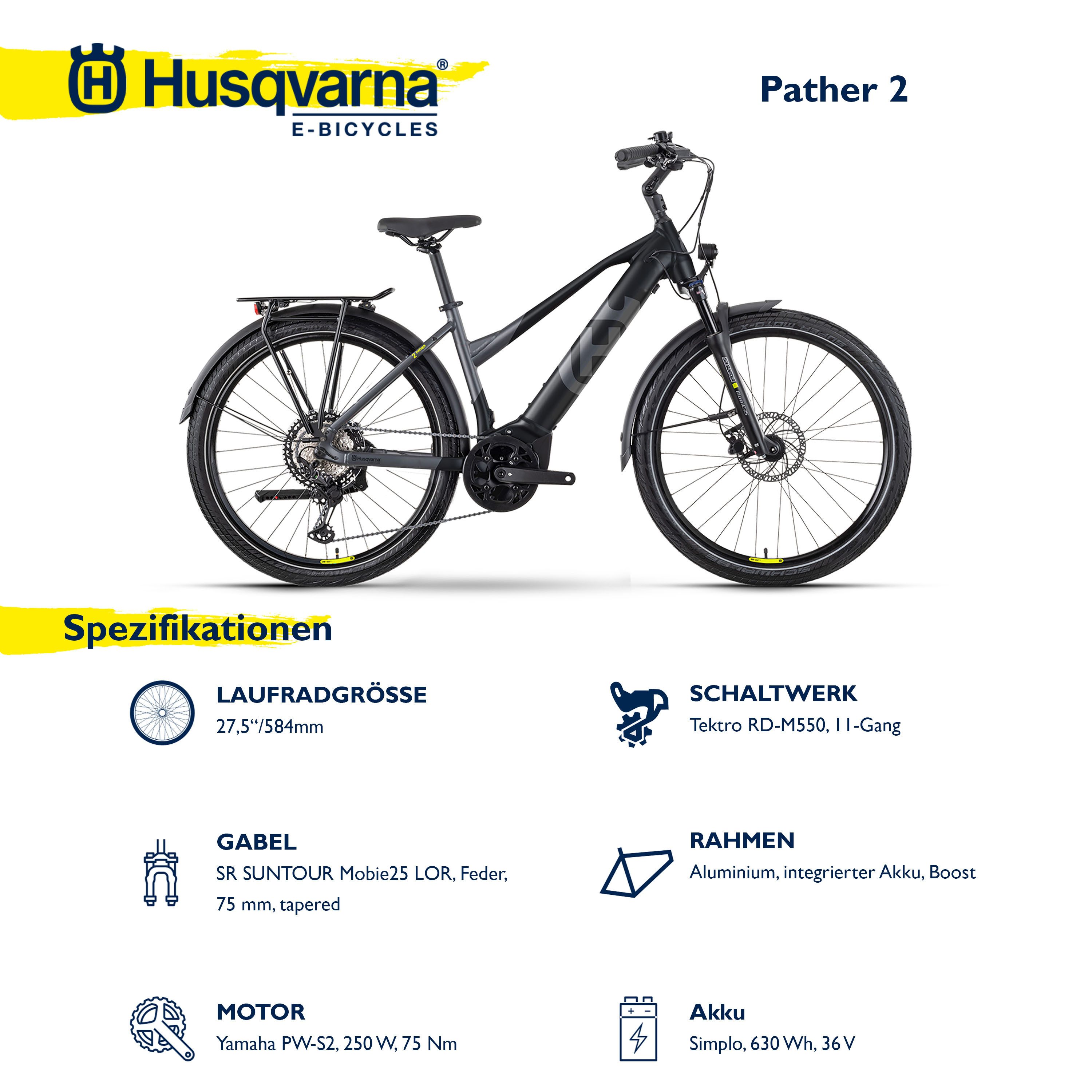 Husqvarna E-BICYCLES E-Bike Trekkingrad E-Trekkingbike Pather 2 Damen, 11 Gang Tektro RD-M550 Schaltwerk, Kettenschaltung, Mittelmotor, 630 Wh, (27,5 Zoll, Yamaha Motor, Scheibenbremsen, mit Straßenzulassung), Pedelec, Elektrofahrrad für Damen