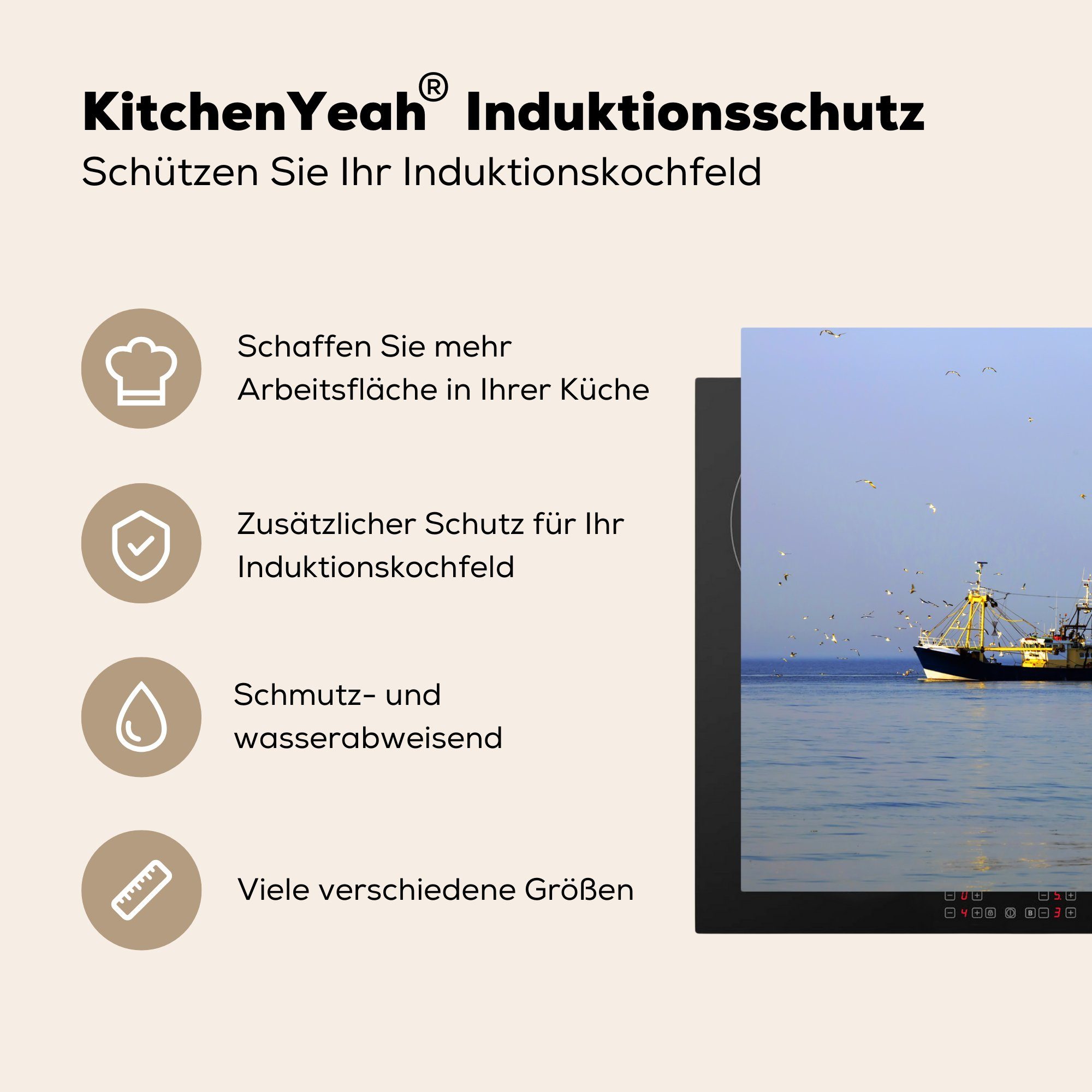 Vinyl, 81x52 Herdblende-/Abdeckplatte cm, küche, Induktionskochfeld Nordsee tlg), Ceranfeldabdeckung Fischerboot Schutz Vogel, für MuchoWow - - die (1