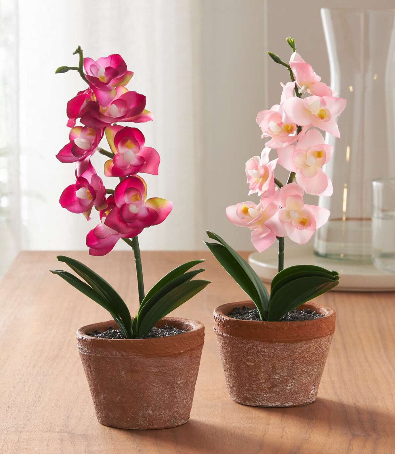 Kunstorchidee im Topf, Kunstpflanze, 2er Set künstliche Orchidee, Kunstblumen Orchidee, Dekoleidenschaft, Höhe 25 cm, Pflanzen wie echt, kleine Blumen in rosa und pink