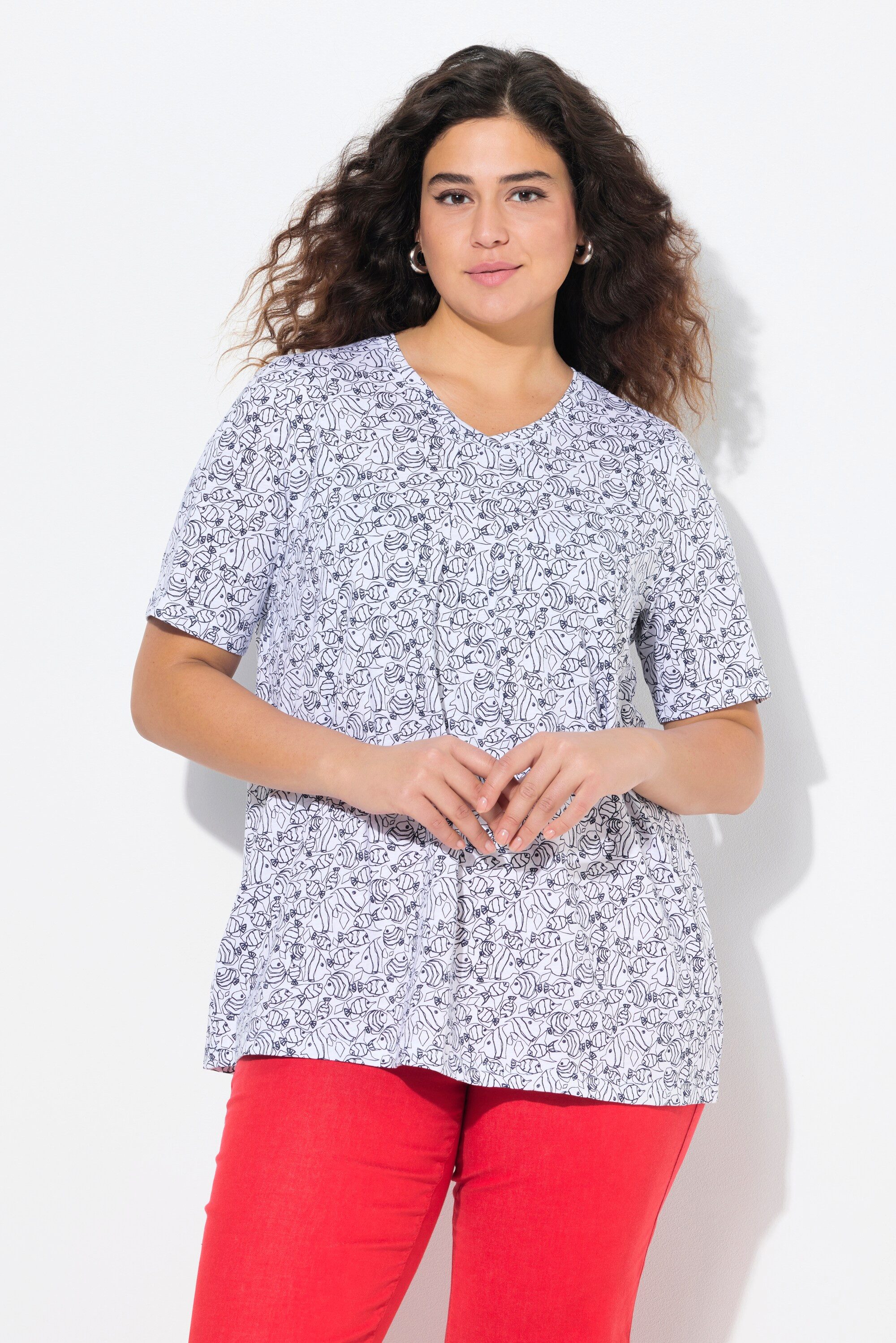 Ulla Popken T-Shirt T-Shirt Fische Zierfalten günstig online kaufen
