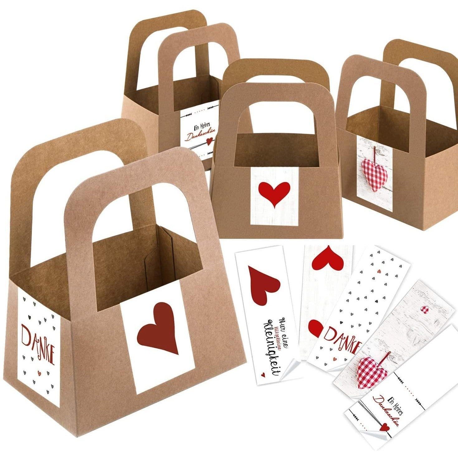 Logbuch-Verlag Geschenkbox 5 braune Kraftpapier Körbe + Aufkleber Set Danke, Herz, Kleinigkeit in