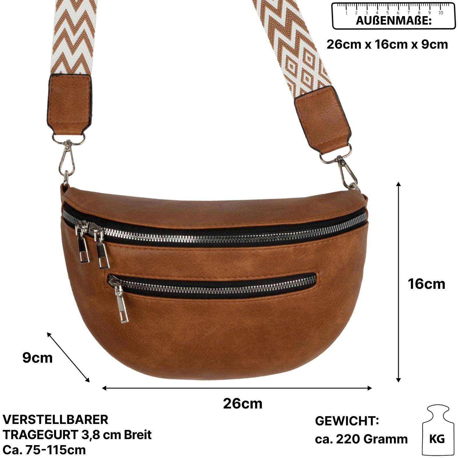 EAAKIE Gürteltasche Bauchtasche Umhängetasche Crossbody-Bag als Italy-De, Schultertasche, Umhängetasche CrossOver, tragbar COGNAC Kunstleder Hüfttasche