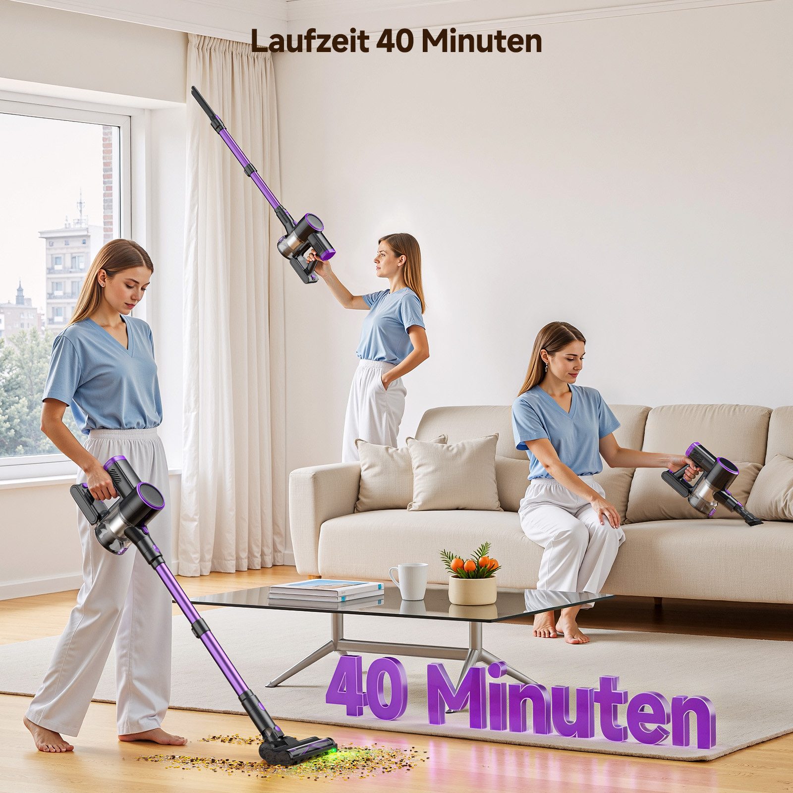 lubluelu Akku-Hand-und Stielstaubsauger P4 kabellos 50 Minuten Laufzeit Akkustaubsauger mit Geen LED, 150 W, beutellos, 30 kPa / Staubentleerung mit einem Klick