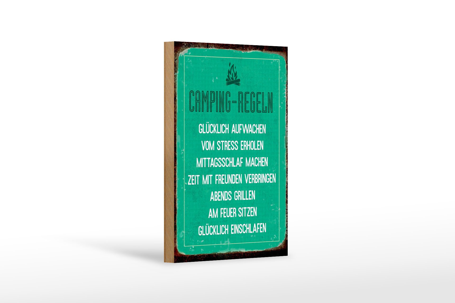 Femer GmbH Holzbild Retro 12x18 cm Camping Regeln, Camping Sport Hobby Freizeit, Nostalgie Retro Altes (1 St), Glatte Holzfaserplatte (MDF), vorn beschichtet