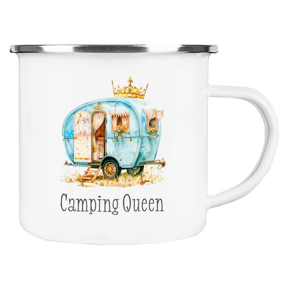 Cadouri Tasse CAMPING QUEEN Camping Emaille Tasse, Campingtasse, Metall, Campingbecher, Kaffeetasse für Camper, handgefertigt, Geschenk, 300 ml