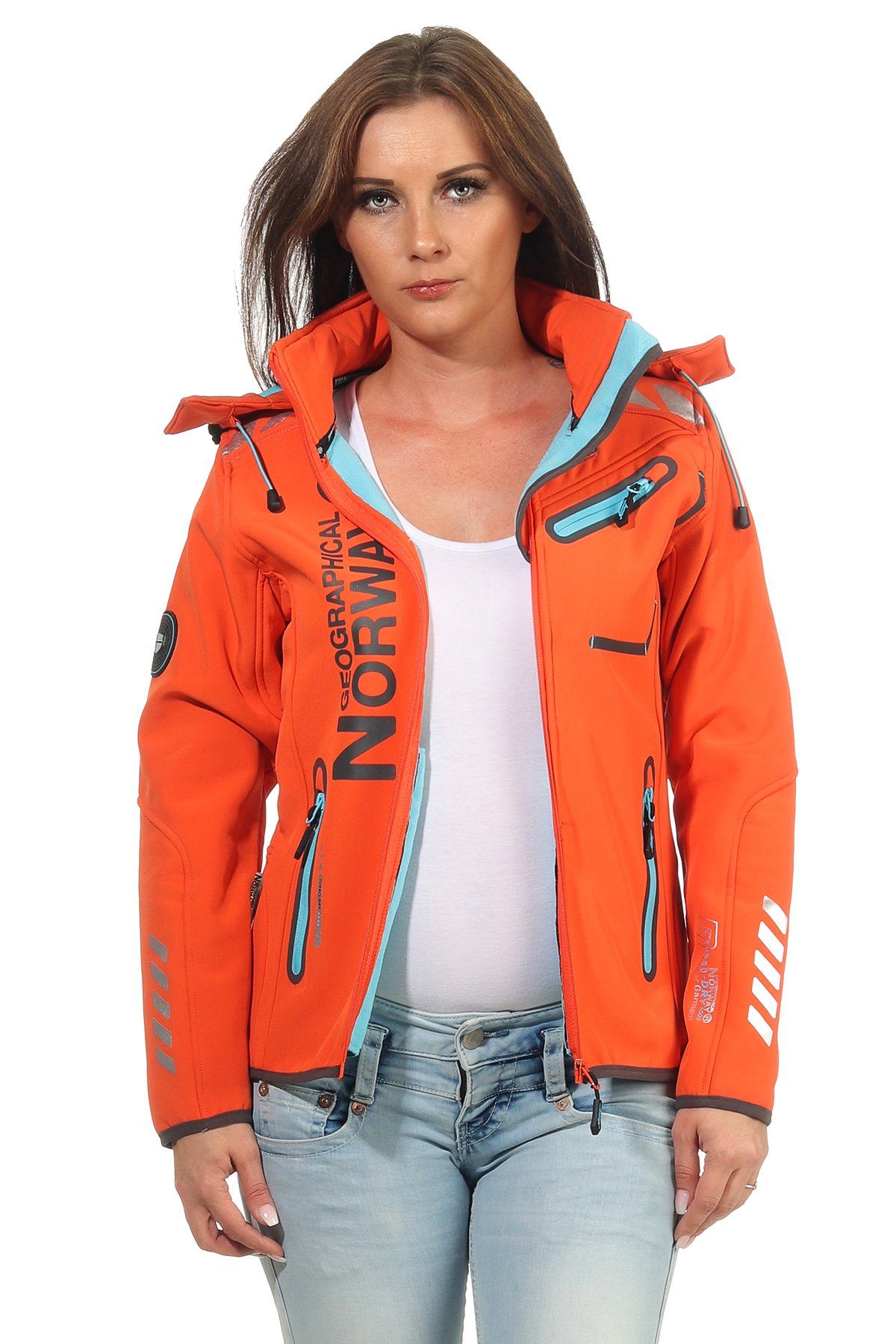 Geographical Norway Softshelljacke Damen Softshell Windbreaker Regen Outdoor Jacke in Unifarbe, mit abnehmbarer Kapuze, mit Stehkragen