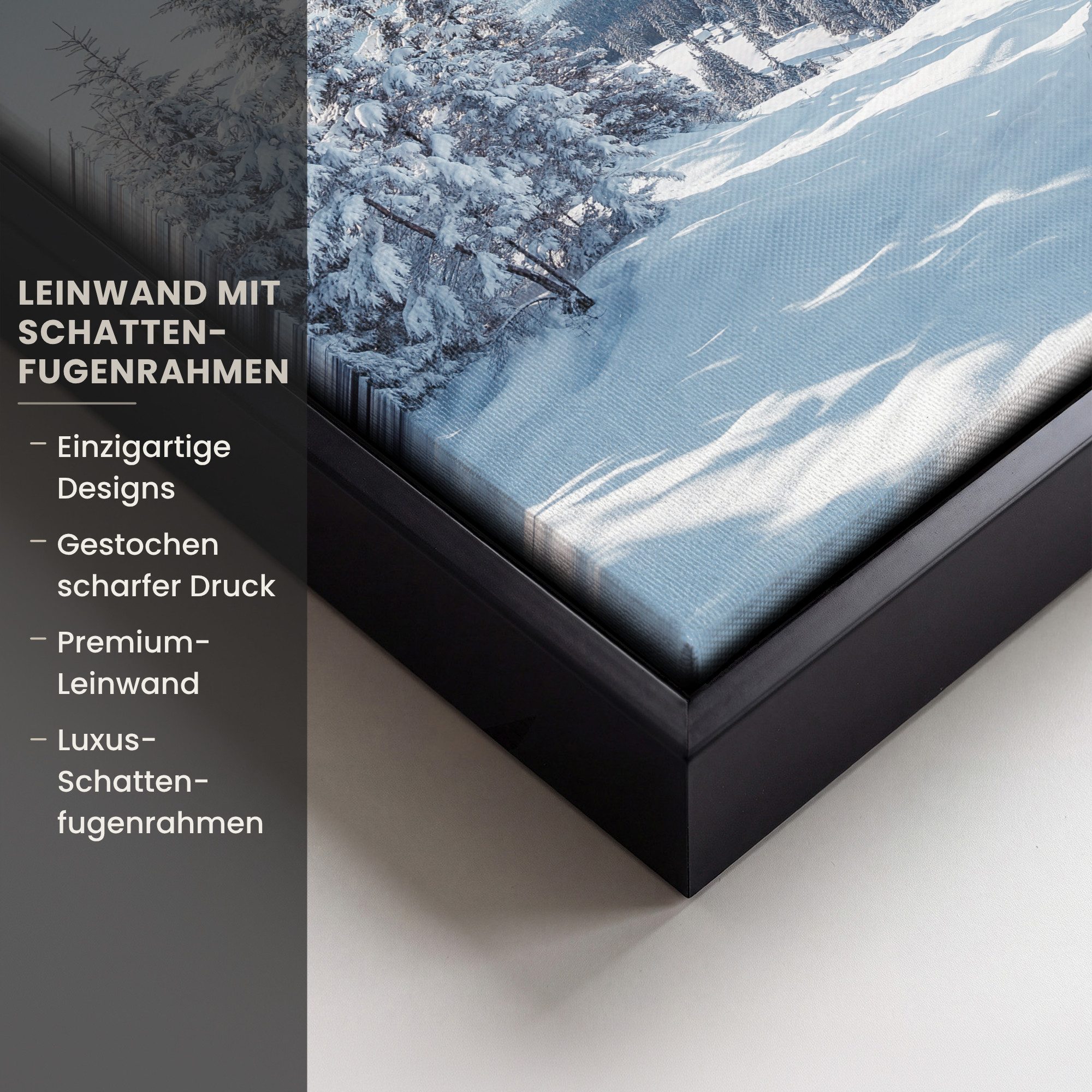 OneMillionCanvasses® Leinwandbild mit Rahmen - Winterlandschaft - Natur - Berge - Bäume - Schnee, Fotodruck (1 St), Leinwand Bilder Klein, Wand Dekoration Aesthetic 20x20cm