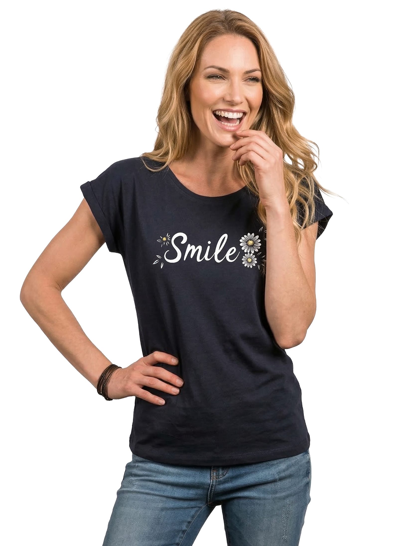MAKAYA T-Shirt Lässiges Damen-Top mit Smile-Motiv und Blumenprint (Schwarz, Blau, Grau, Grün, 34, 36, 38, 40, 42, 44, 46, 48, 50) Baumwolle