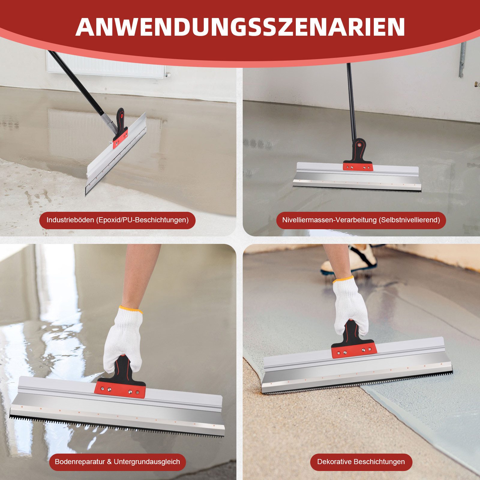 QUBEBU Flächenspachtel Großflächenrakel Stehrakel Rakel Abnehmbare Flächenspachtel Rostfrei (Für gleichmäßigen Auftrag von Bodenbeschichtungsmassen, 1-St)