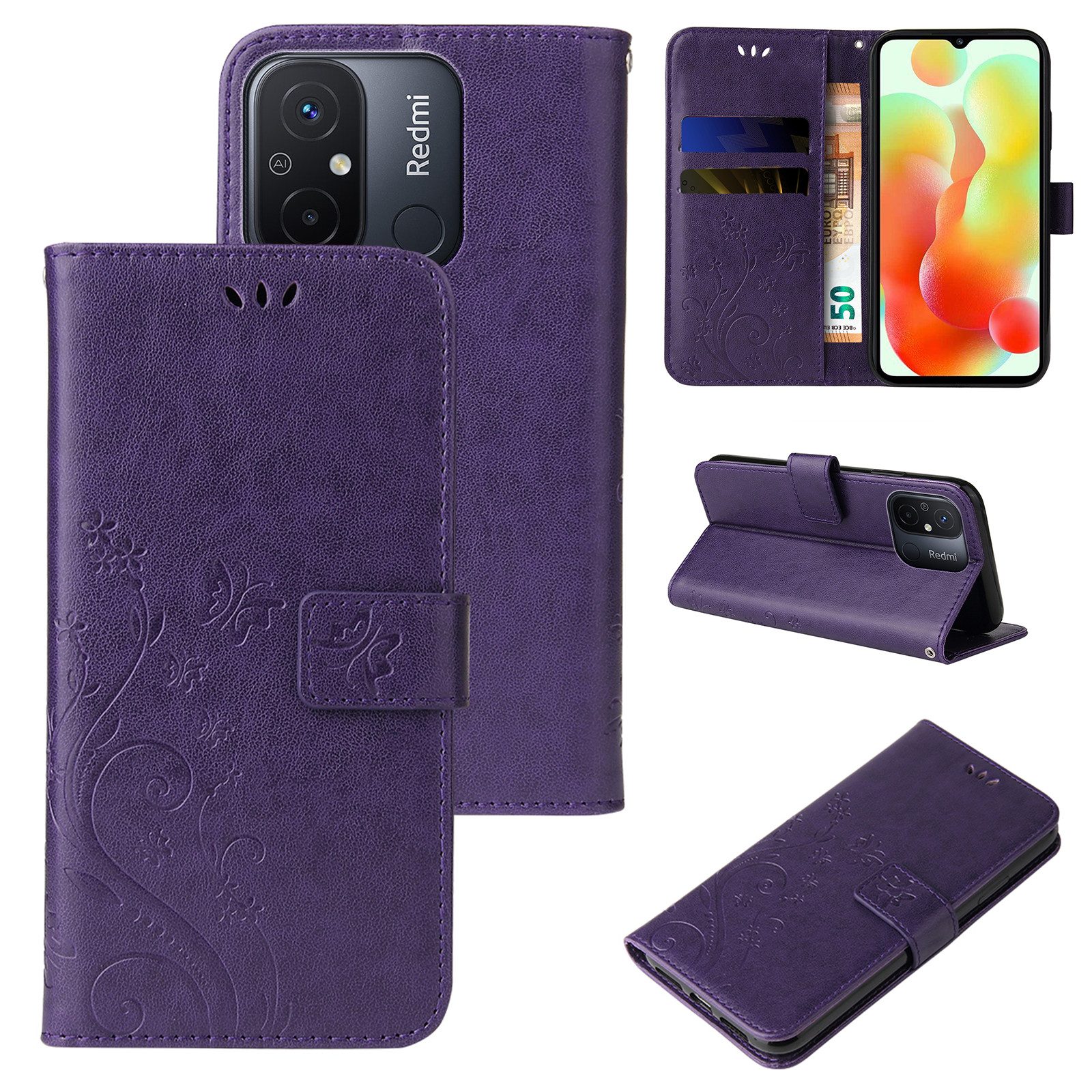 Tec-Expert Handyhülle Cover Tasche Hülle für Xiaomi Redmi 12C 6,71 Zoll, Klapphülle Case mit Kartenfach Fliphülle aufstellbar, Motiv Blumen