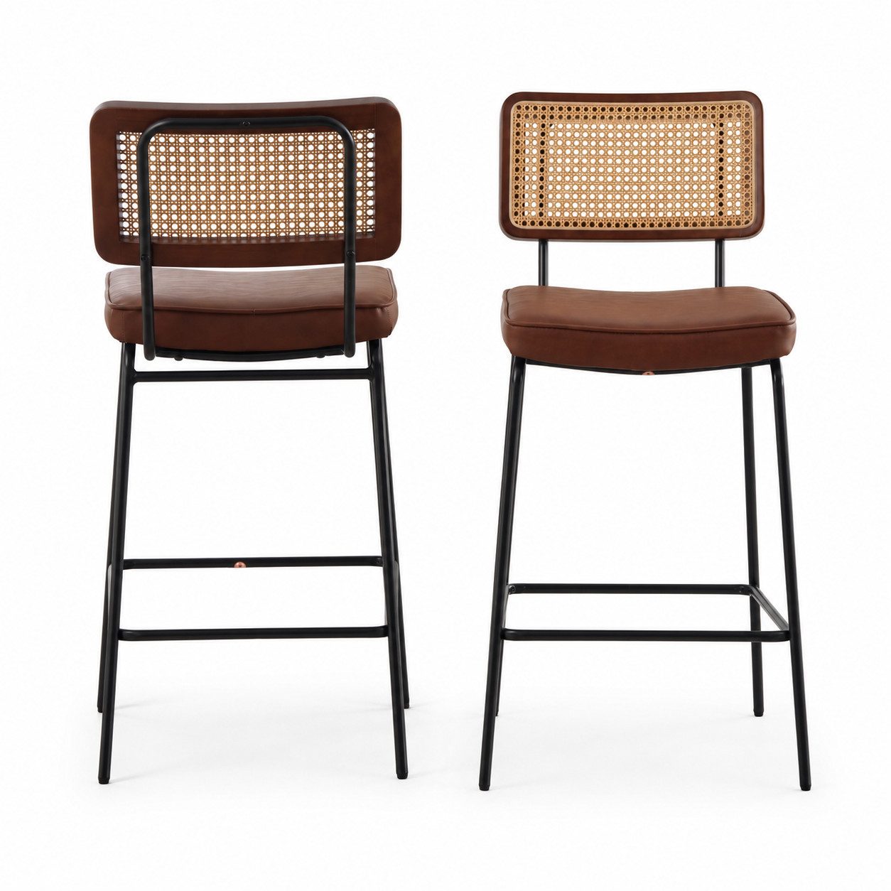 ANYSUN Barhocker 2er Set mit Rattan-Rückenlehne und Kunstleder-Sitz (2er Set), Ohne Armlehnen, mit Metallbeinen, für Bar und Küche.