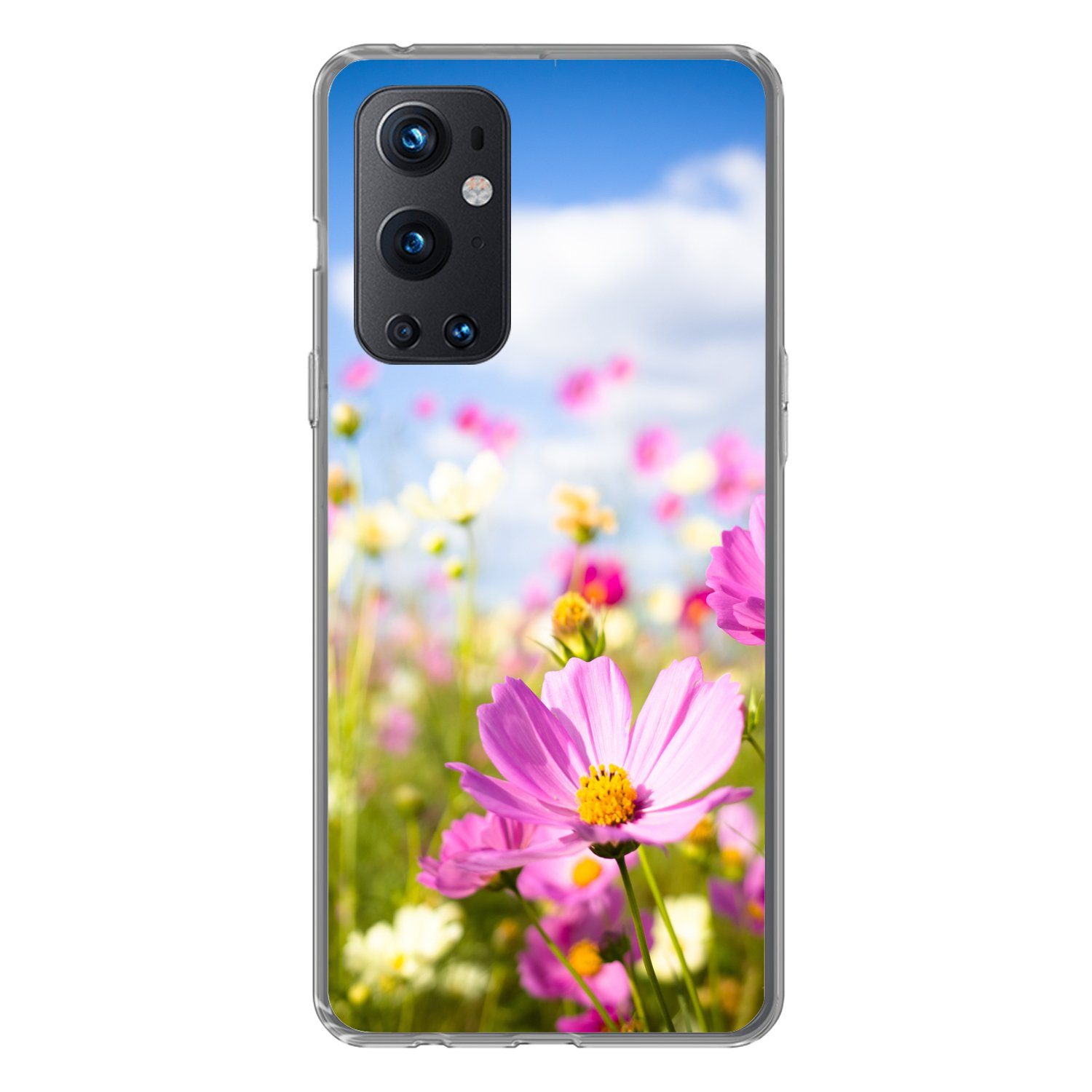 MuchoWow Handyhülle für OnePlus 9 Pro Blumen - Wiese - Lila - Gras - Weiß - Wolken - Blau, Phone Case, Silikon, Schutzhülle Dünn
