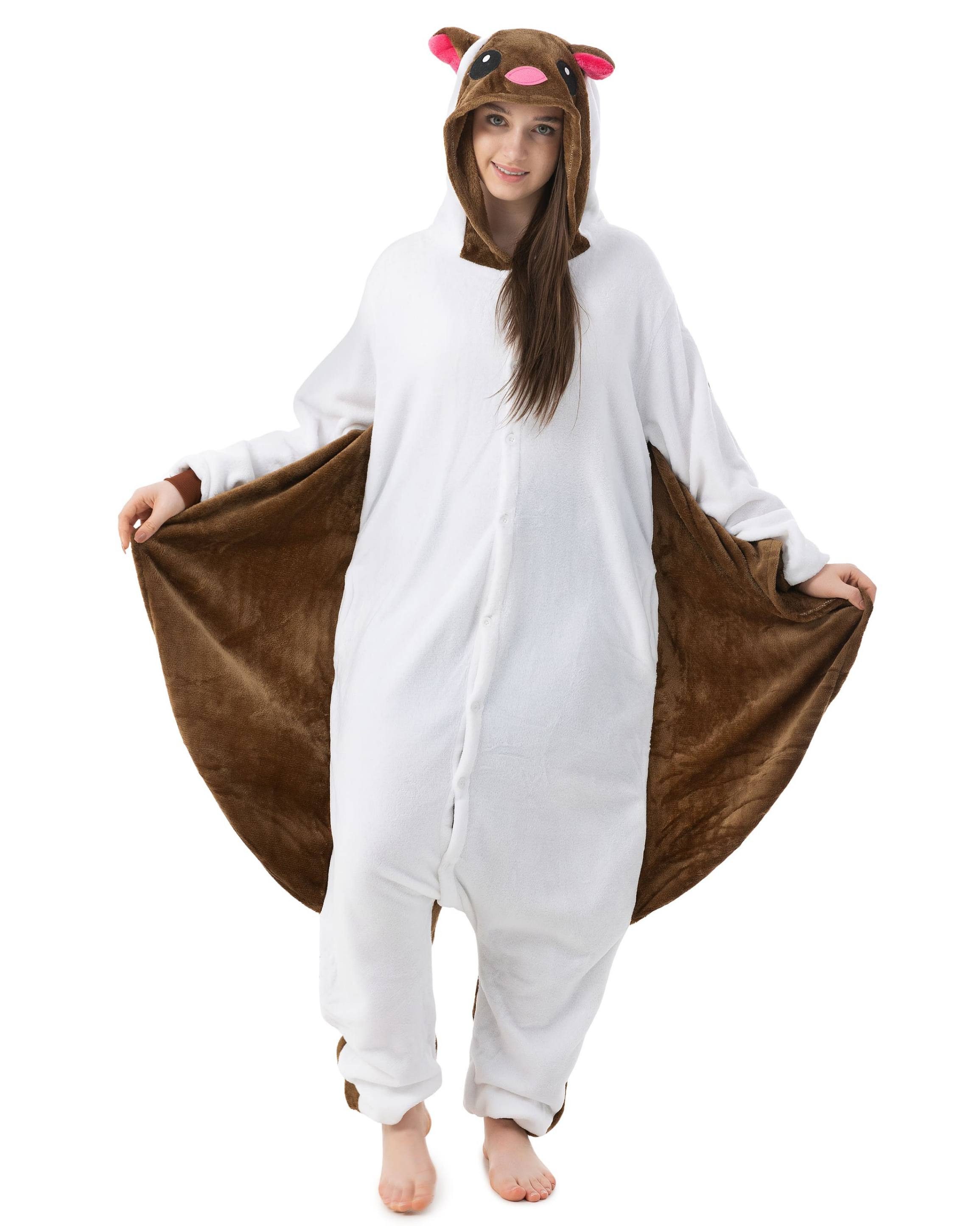 Katara Partyanzug Waldtiere Jumpsuit Kostüm Overall Erwachsene S-XL, Karneval - Kostüm, Kigurumi - Flughörnchen Weiß/Braun L (165-175cm)