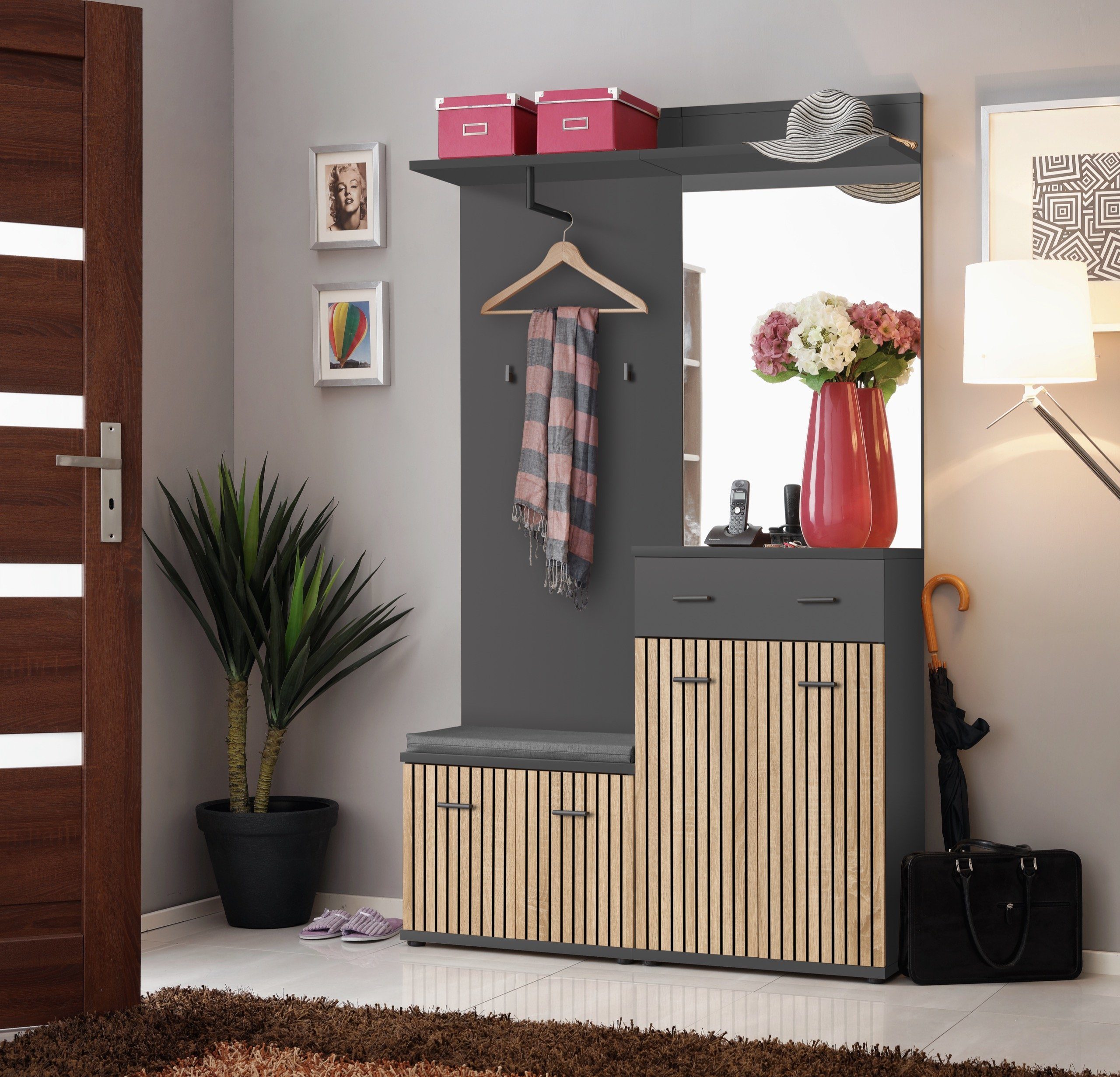 Garderoben-Set Flurgarderobe Schuhschrank MARCO II mit Lamellen Sitzbank und Spiegel
