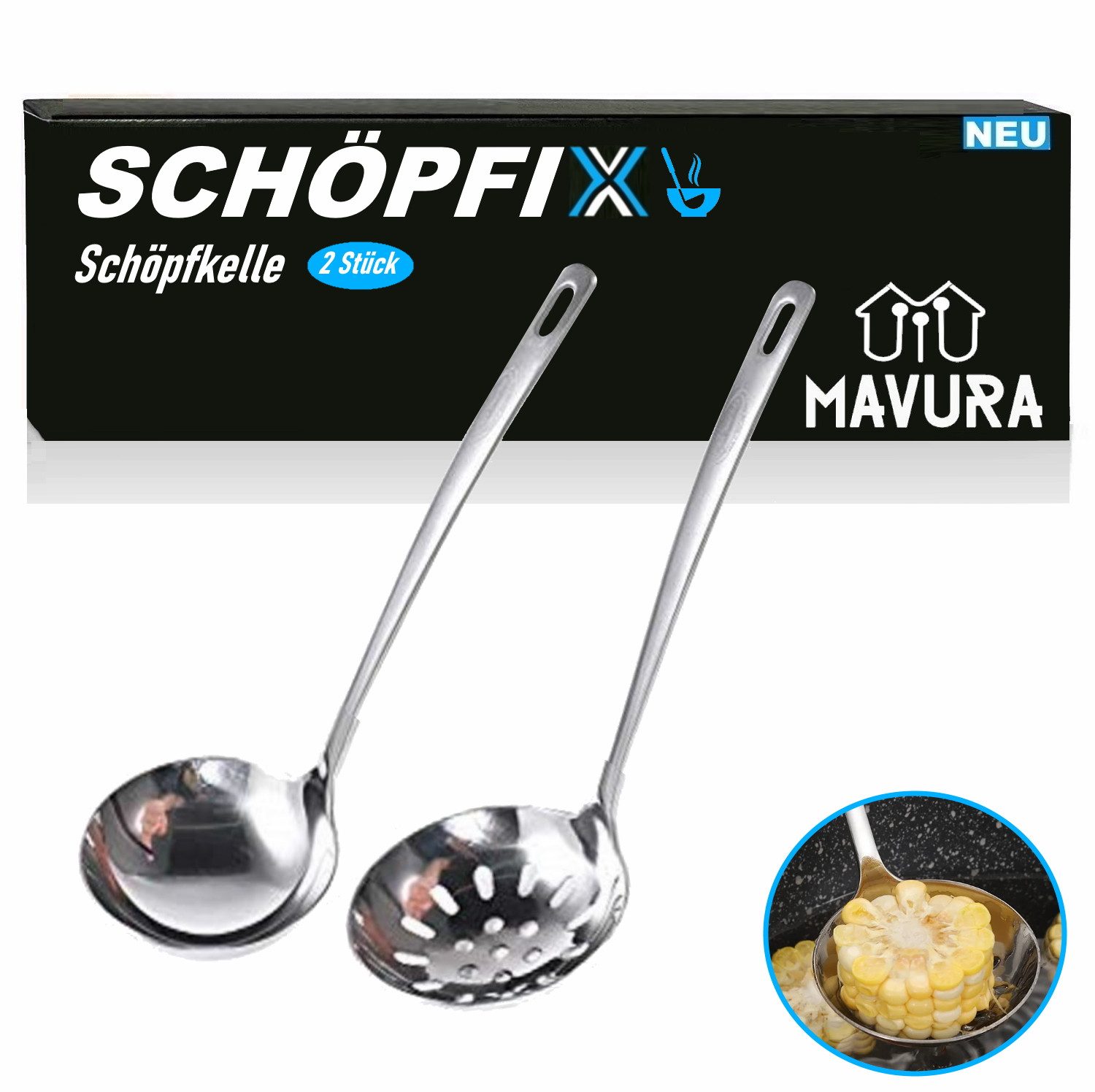 MAVURA Schaumlöffel SCHÖPFIX Edelstahl Schöpfkelle Schaumkelle Suppenkelle Schöpflöffel, Soßenkelle Saucenkelle Suppenlöffel Kelle [2er Set]