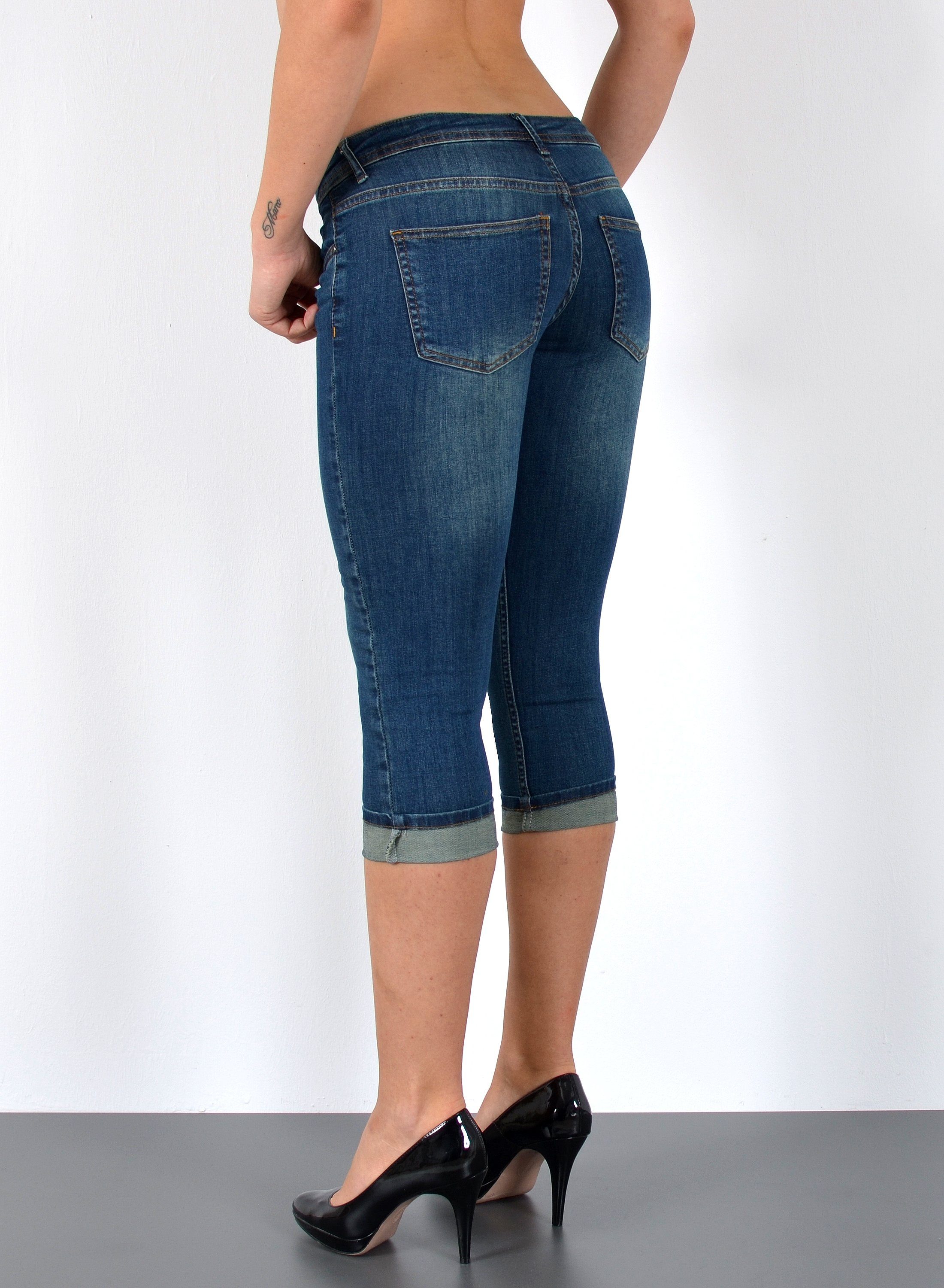 ESRA Caprijeans Damen 3/4 Jeans Hüftjeans niedrige Leibhöhe Damen 3/4 Hose Tief Bund Damen Capri Jeans Low Waist bis Übergröße Plus Size Große Größe Shorts