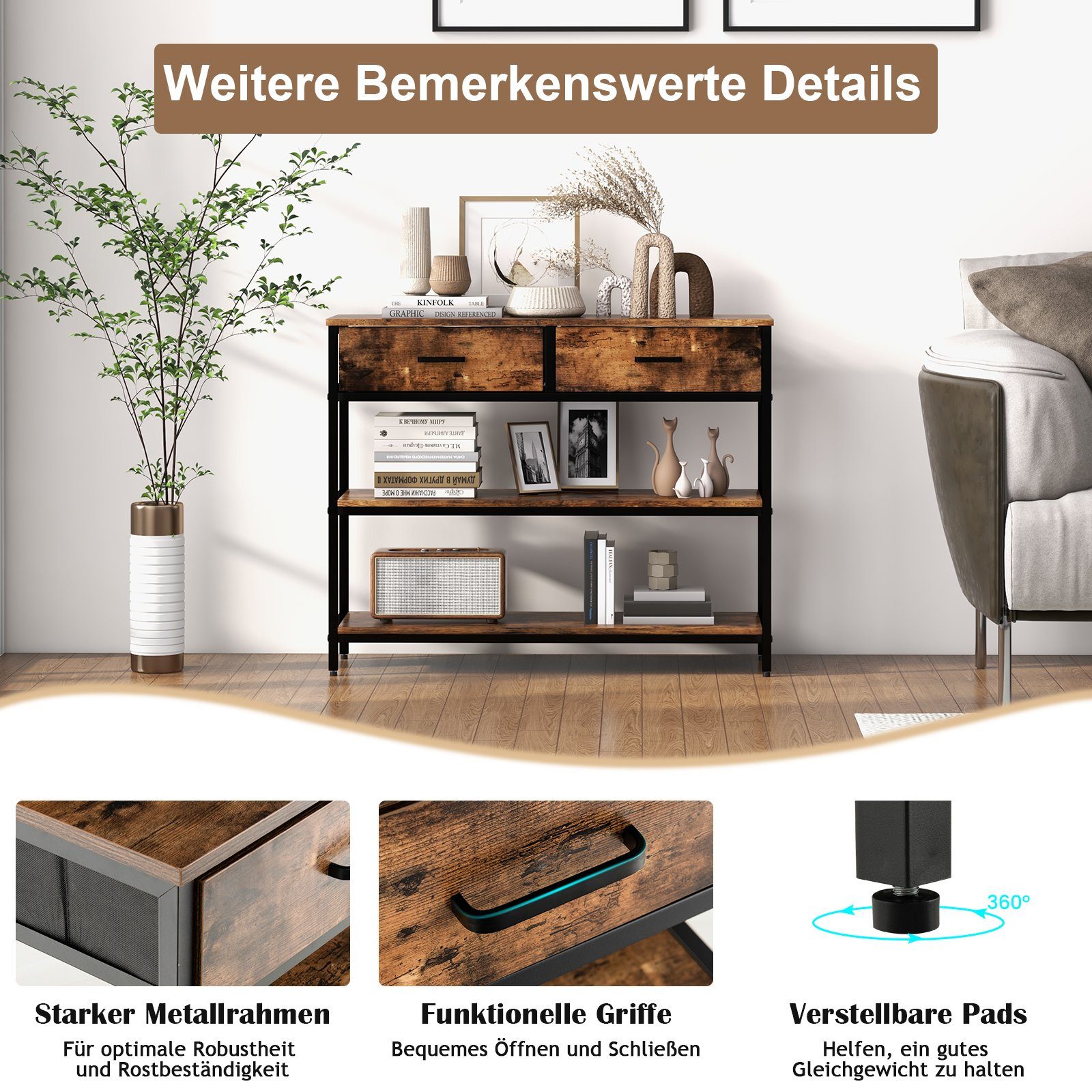 COSTWAY Konsolentisch, mit 2 Stoffschubladen, Kippschutz, Metallrahmen 100cm