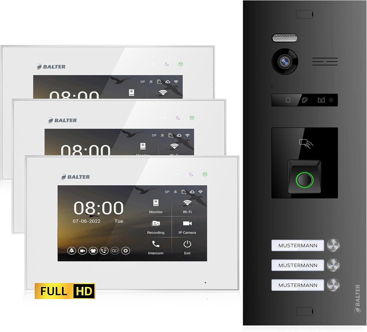 Balter Video-Türsprechanlage EVO HD Fingerprint und RFID für 3 Familienhaus 3x Monitore (Türsprechanlage, Komplettset, 3-tlg., Fingerprint, RFID, Full HD 175° Ultraweitwinkelkamera, Schwarz)