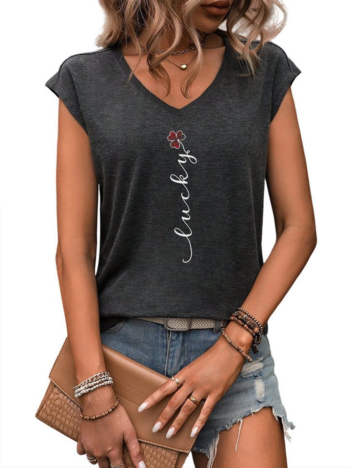PYLIKE V-Shirt Bequemes Shirt Damen Ärmellos Sommer Basic-Shirt mit Klee Print Bequem für Freizeit und Büro,Strandurlaub