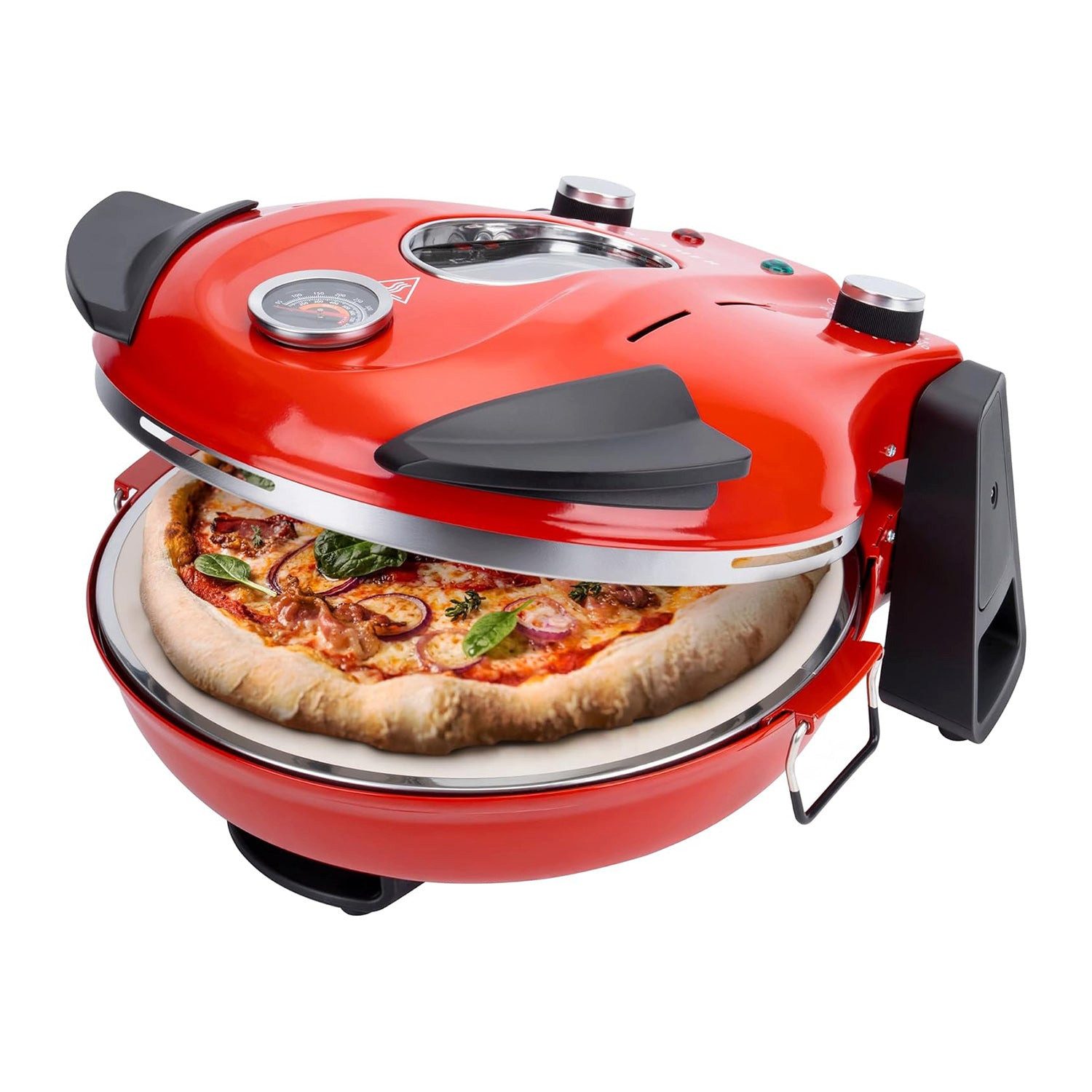 KLAMER Pizzaofen abnehmbarer Keramik Pizzastein, 5 Temperaturstufen, 15 Minuten Timer,…, Herausnehmbarer Pizzastein, 5 Temp.-Stufen, Cool-Touch-Griffe