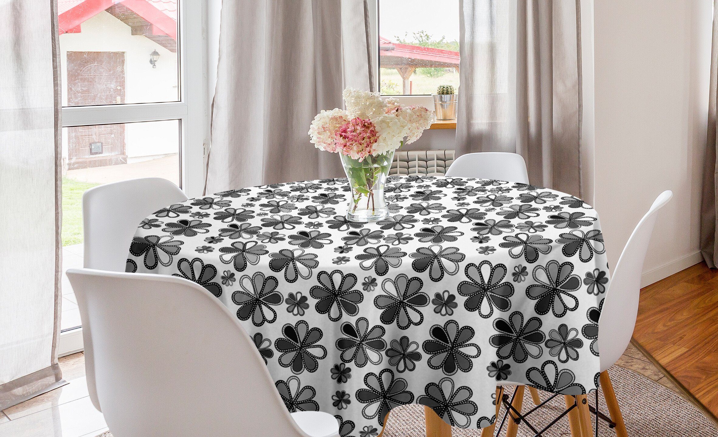 für Dekoration, Blumen Tischdecke Graustufen- Abdeckung Abakuhaus Retro Petals Kreis Esszimmer Tischdecke Küche