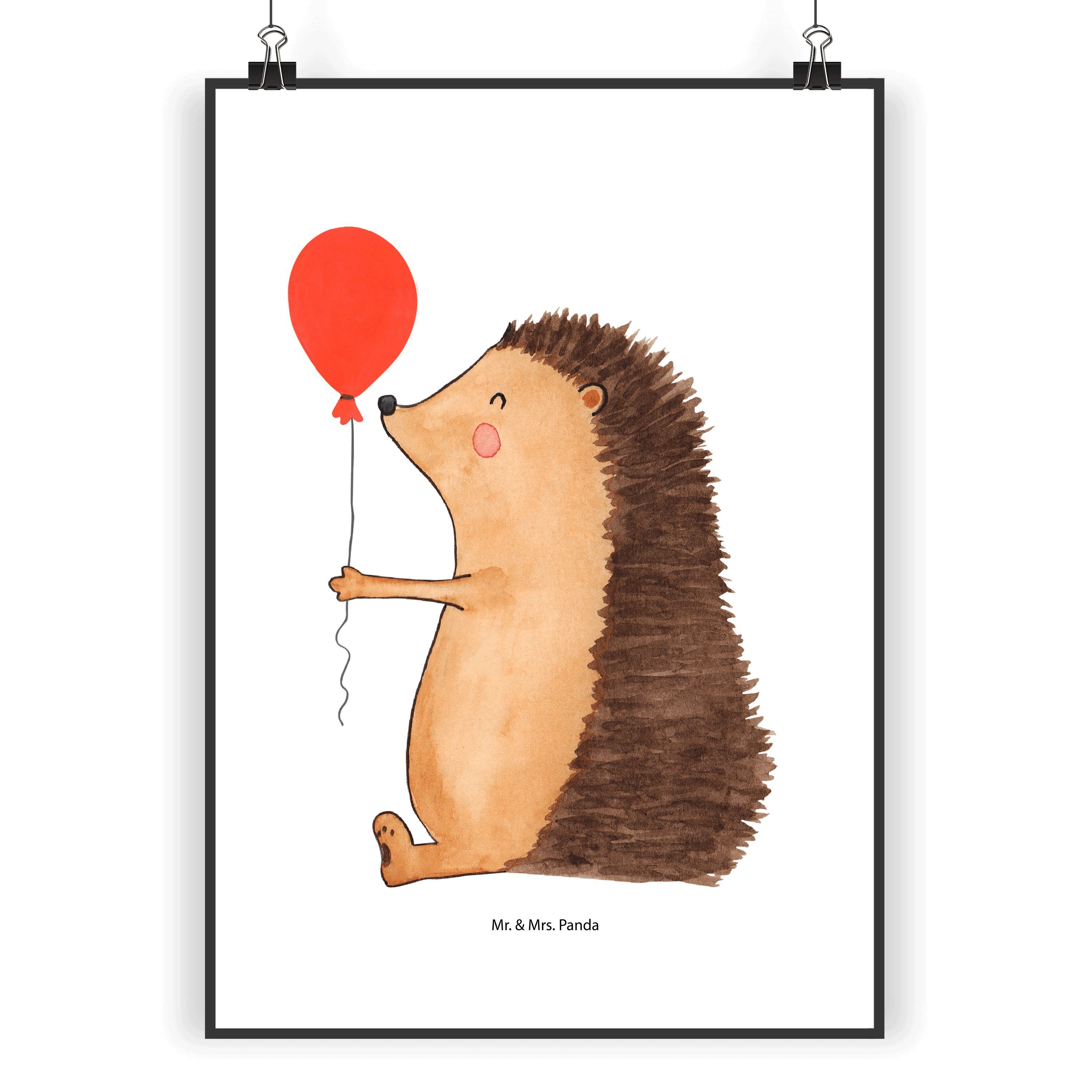 Mr. & Mrs. Panda Poster DIN A5 Igel mit Luftballon - Weiß - Geschenk, gute  Laune, Tiere, Bild, Igel mit Luftballon (1 St)