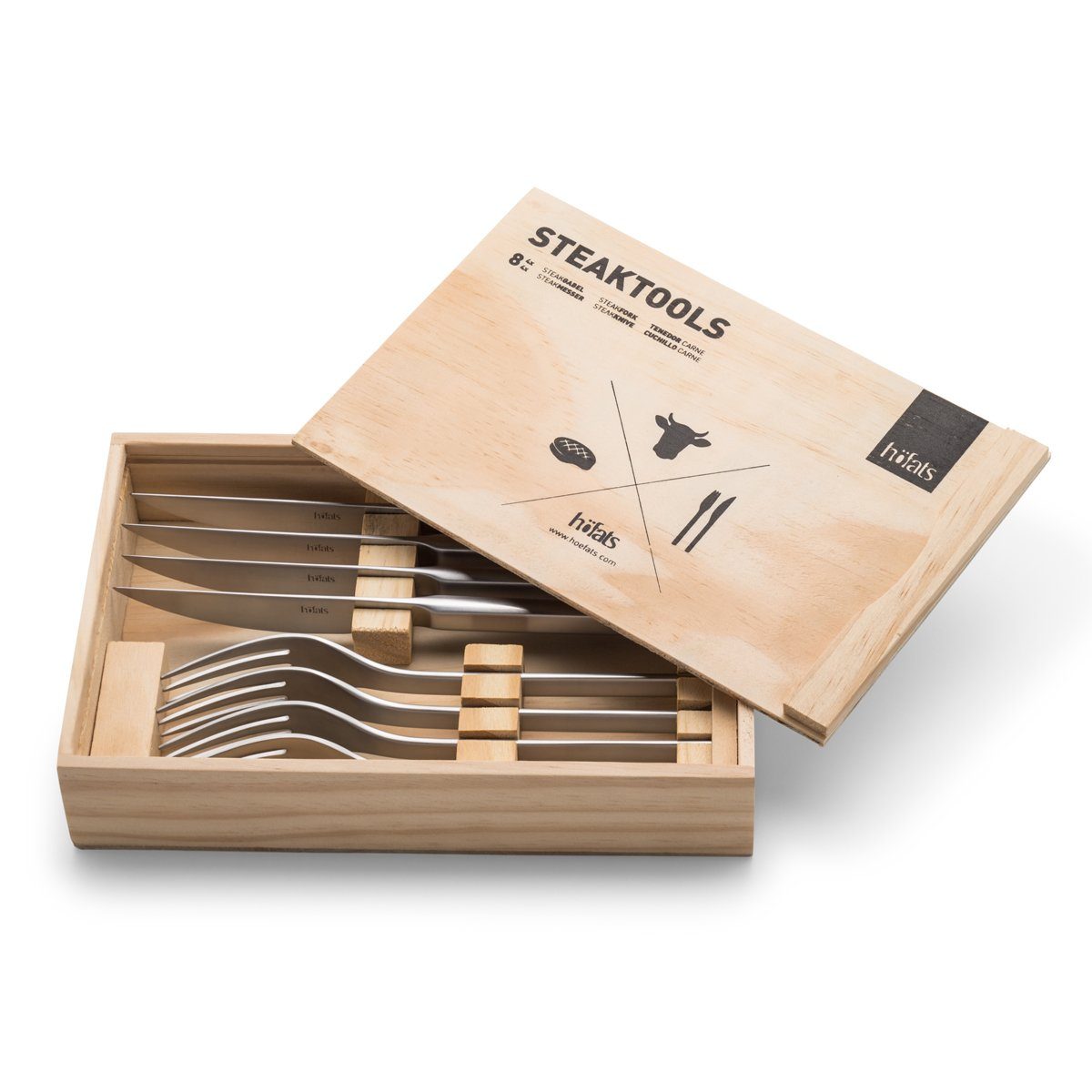höfats Grillbesteck-Set, (Besteckset 4 Personen, rostfreier Edelstahl, Steakbesteck 8-teilig mit Steakmesser, Steakgabel und Holzkiste), 25 × 17 × 5 cm